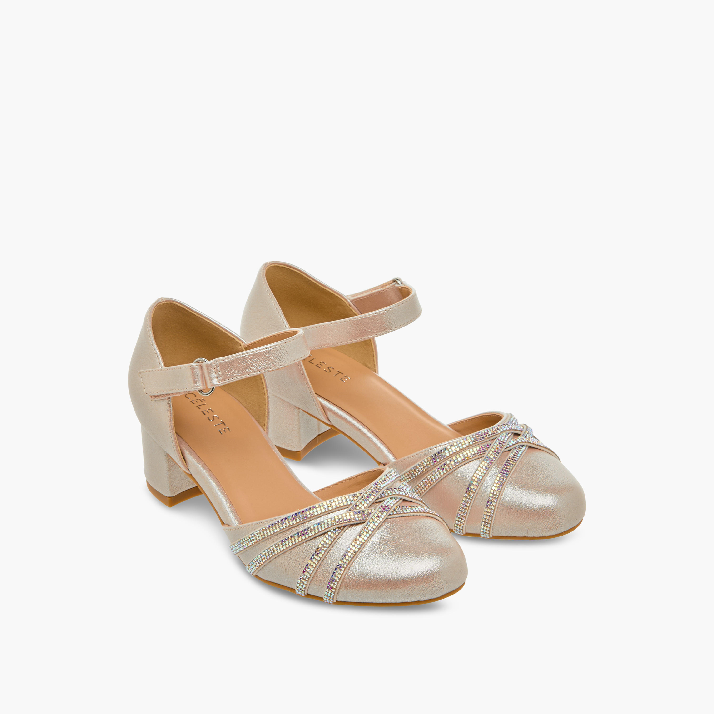 Celeste Girls Embellished Block Heel Shoes with Hook and Loop Closure-girls-shoes-ballerinas-image-1