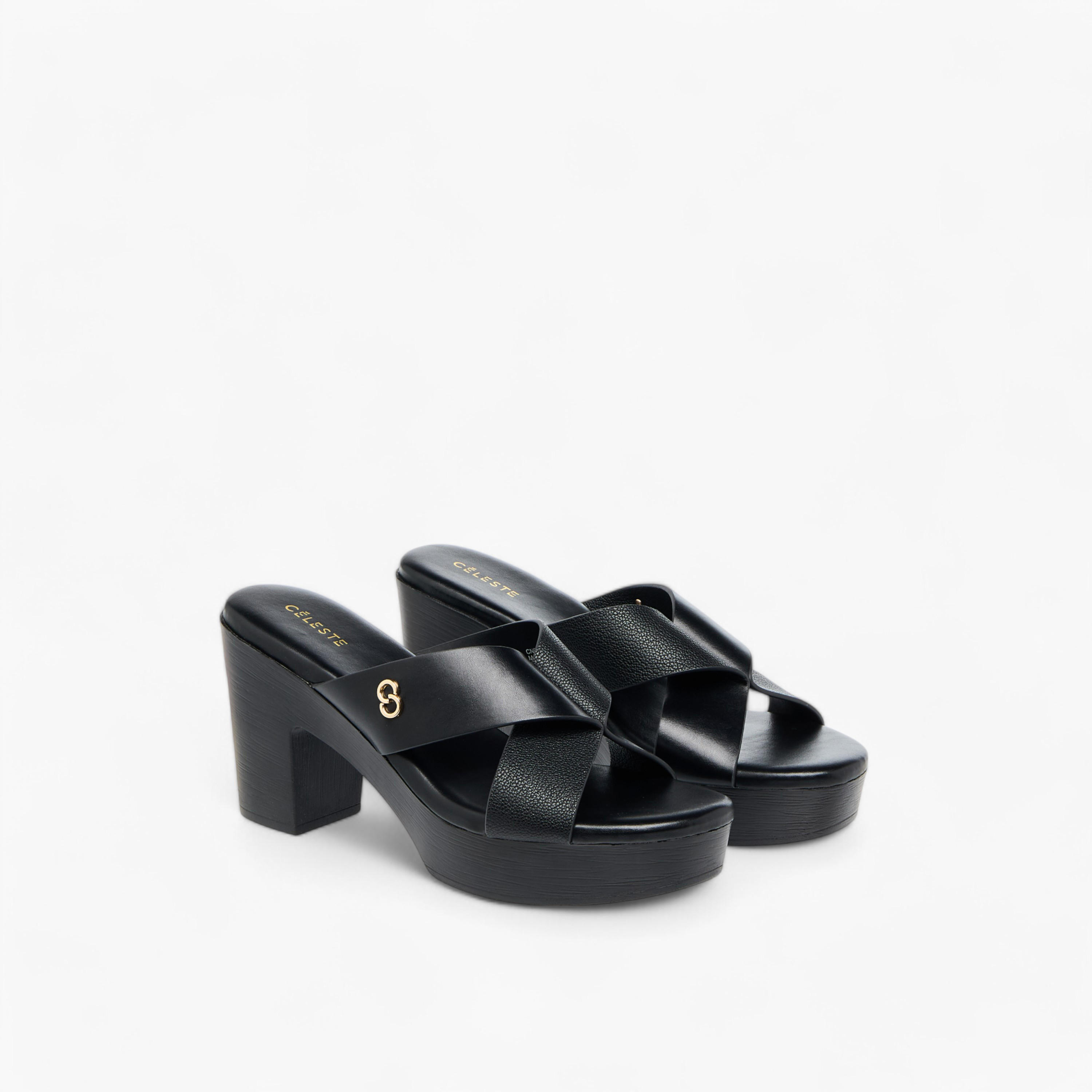 Celeste Women's Logo Accent Slip-On Cross Strap Sandals with Block Heels-women-shoes-sandals-heeled-image-1