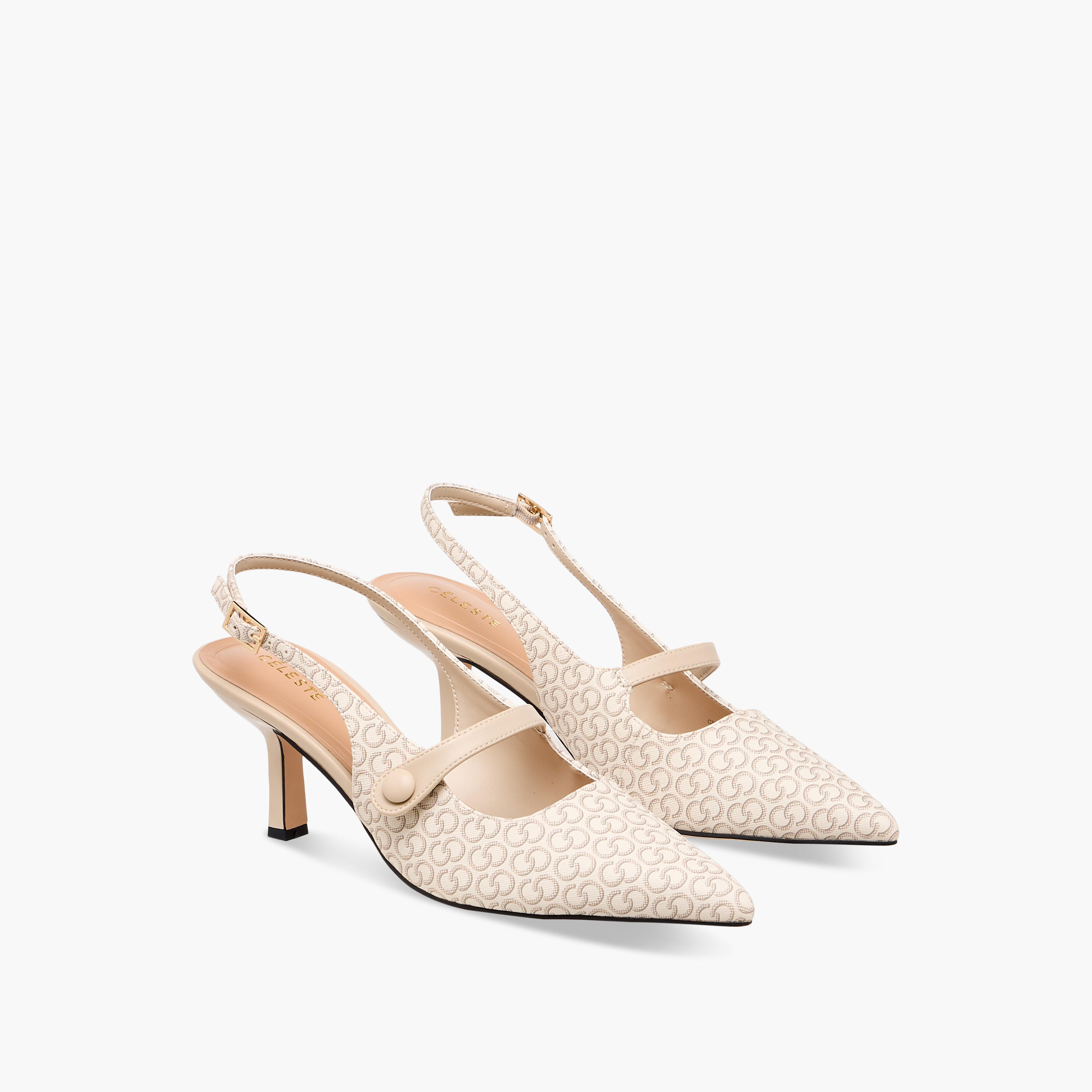 Celeste Women's Monogram Print Pointed Toe Shoes with Buckle Closure-women-shoes-heels-image-1