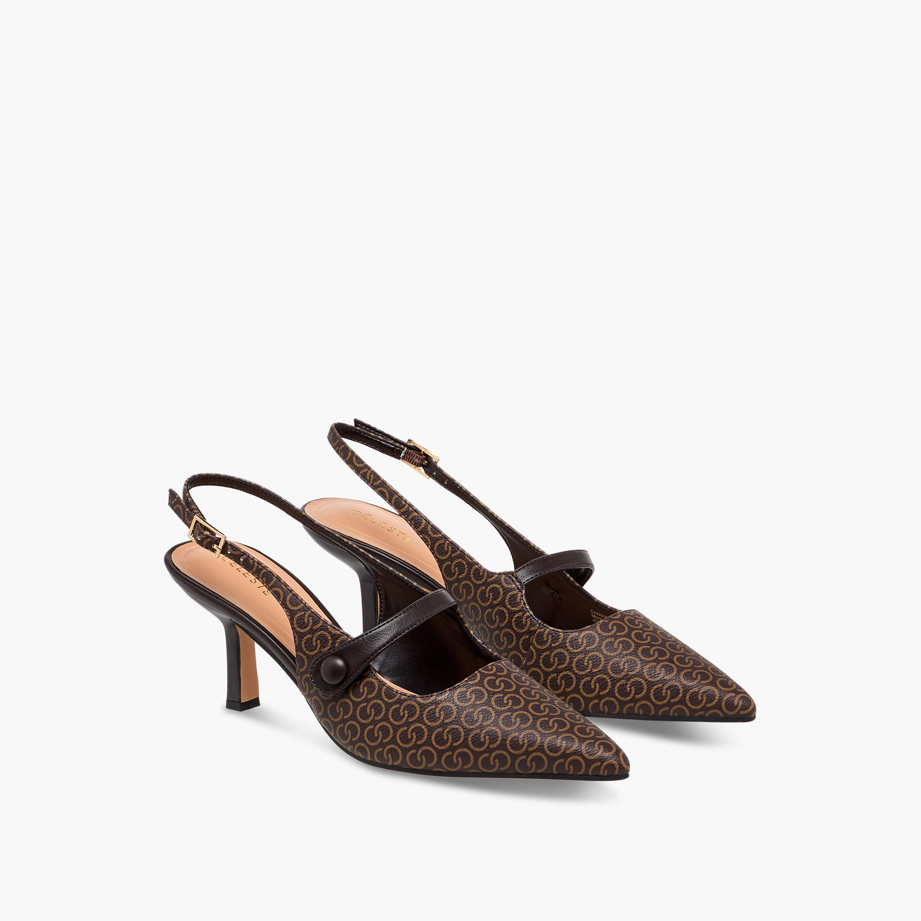 Celeste Women's Monogram Print Pointed Toe Shoes with Buckle Closure-women-shoes-heels-image-1