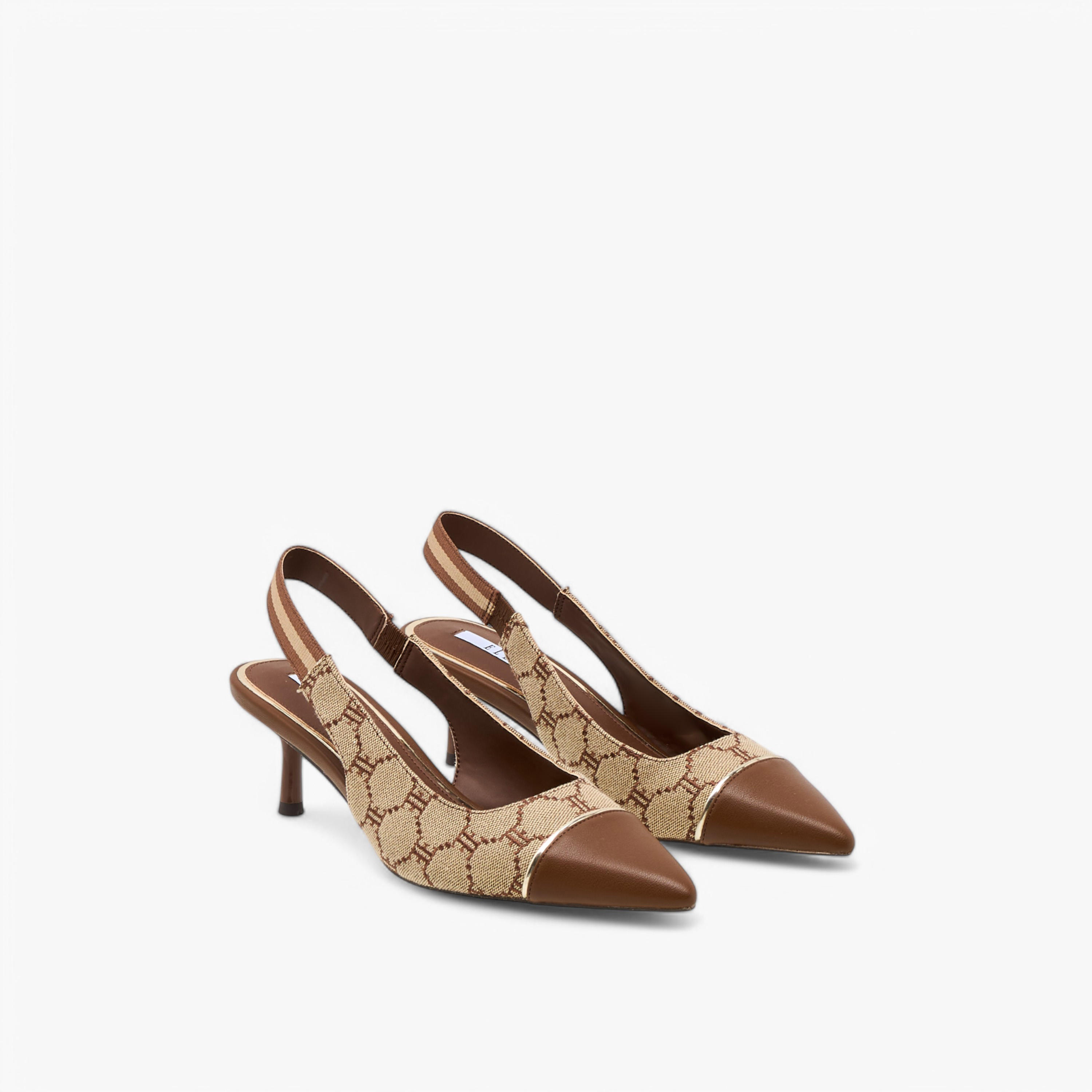 Elle Monogram Print Slingback Pointed Toe Shoes with Kitten Heels-women-shoes-sandals-heeled-image-1