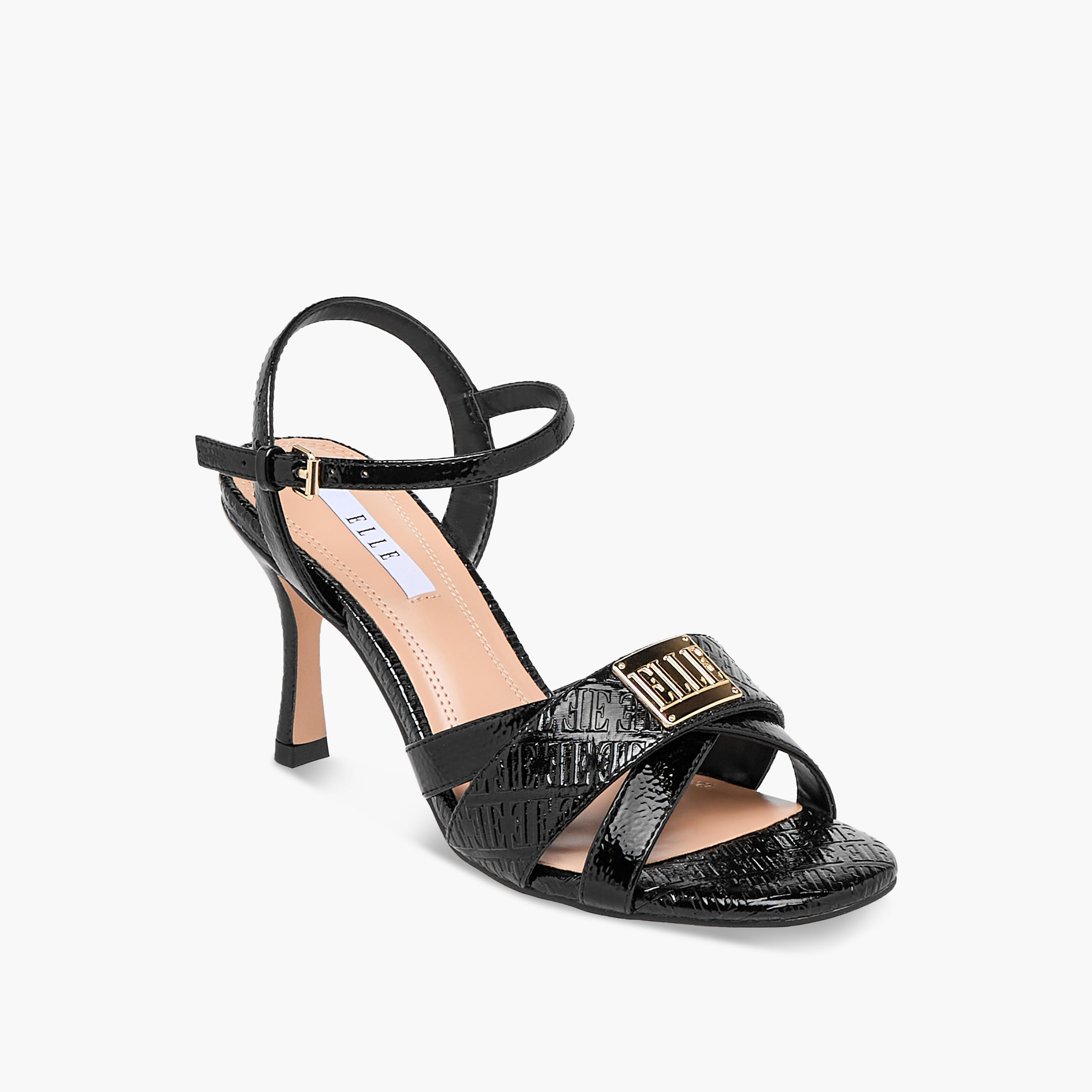 Elle Women's Monogram Embossed Sandals with Stiletto Heels and Buckle Closure-women-shoes-sandals-heeled-image-2