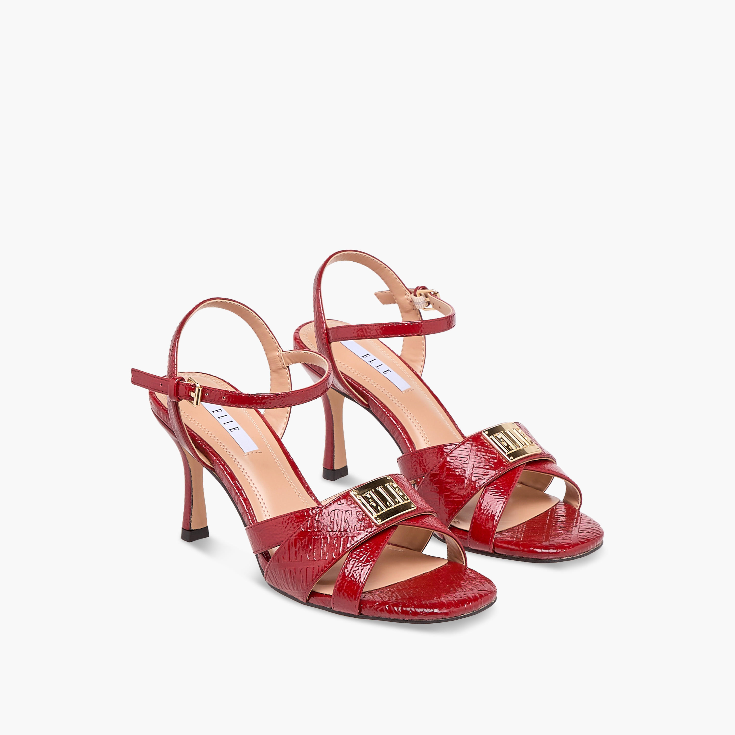 Elle Women's Monogram Embossed Sandals with Stiletto Heels and Buckle Closure-women-shoes-sandals-heeled-image-1