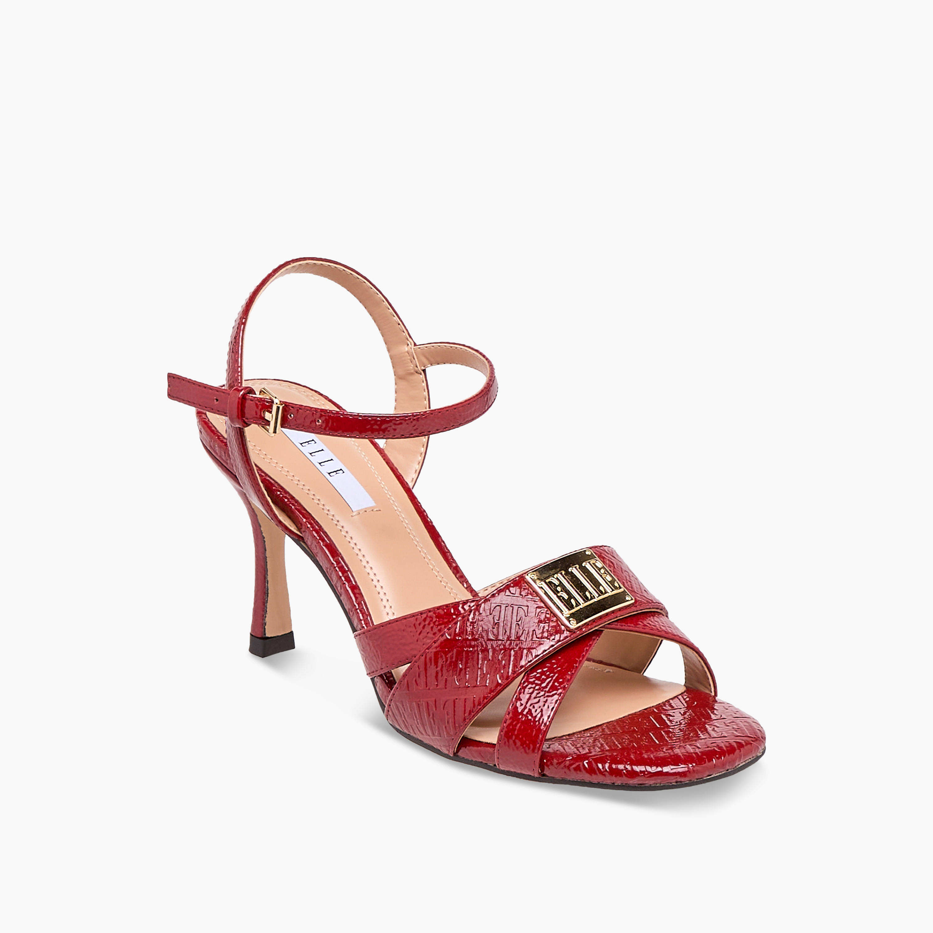 Elle Women's Monogram Embossed Sandals with Stiletto Heels and Buckle Closure-women-shoes-sandals-heeled-image-2