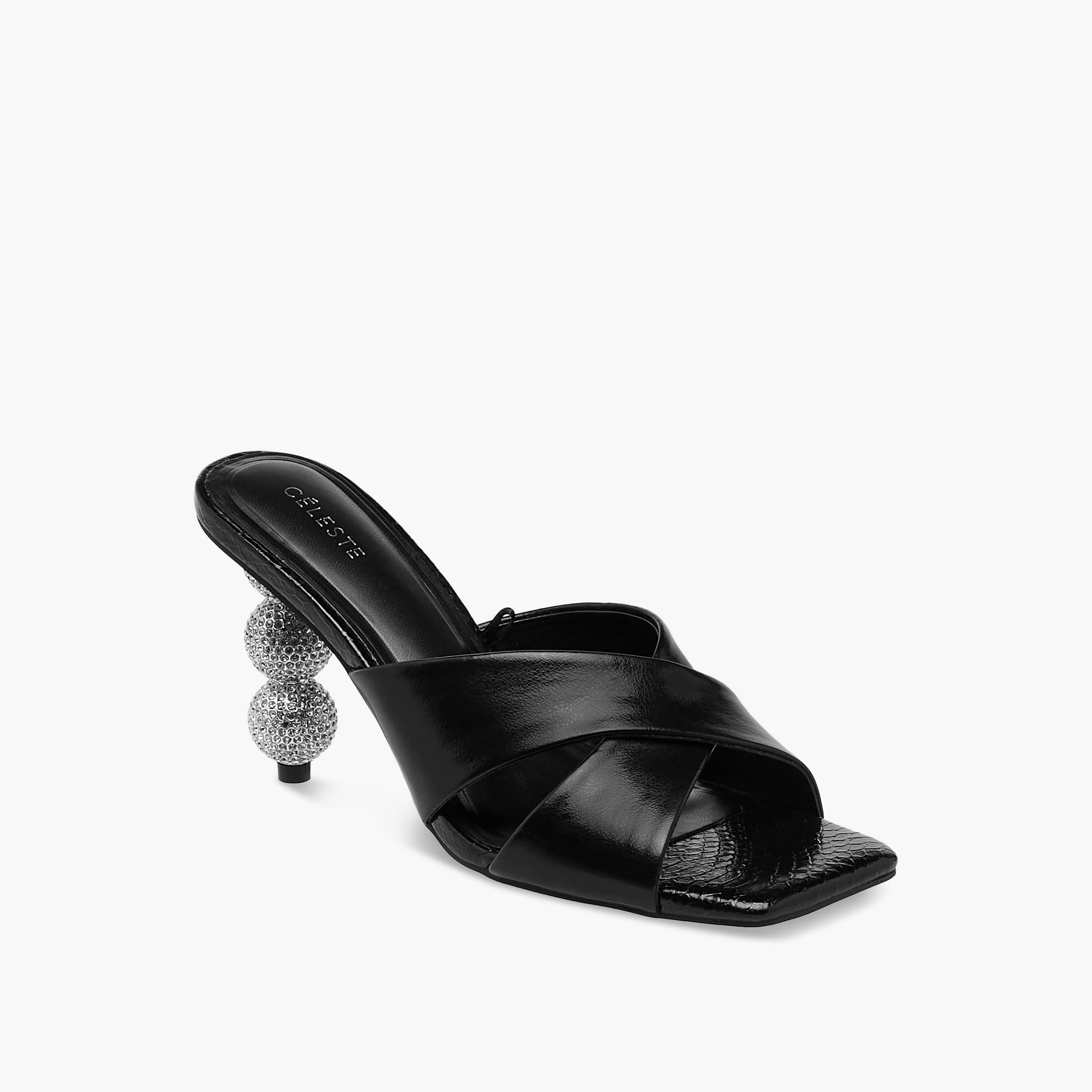 Celeste Women's Embellished Slip-On Cross Strap Sandals with Stiletto Heels-women-shoes-sandals-heeled-image-2