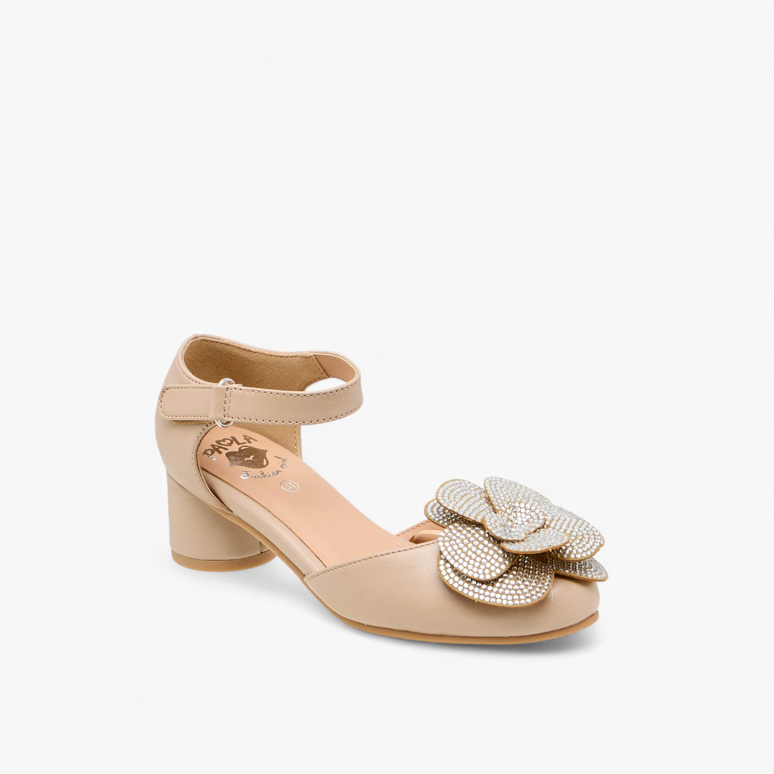Pablosky Girls' Floral Embellished Block Heeled Sandals with Hook and Loop Closure-girls-shoes-sandals-image-2