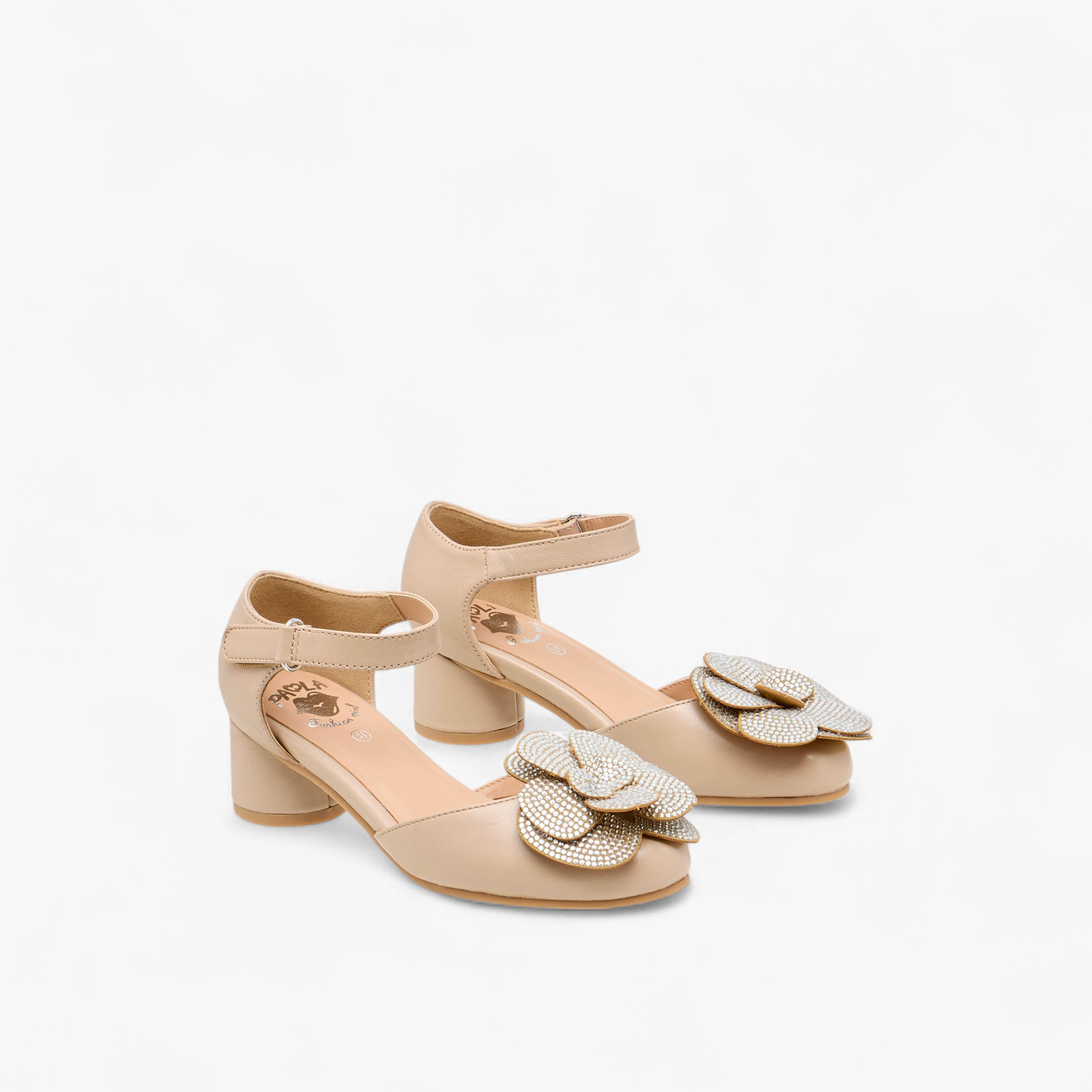 Pablosky Girls' Floral Embellished Block Heeled Sandals with Hook and Loop Closure-girls-shoes-sandals-image-1