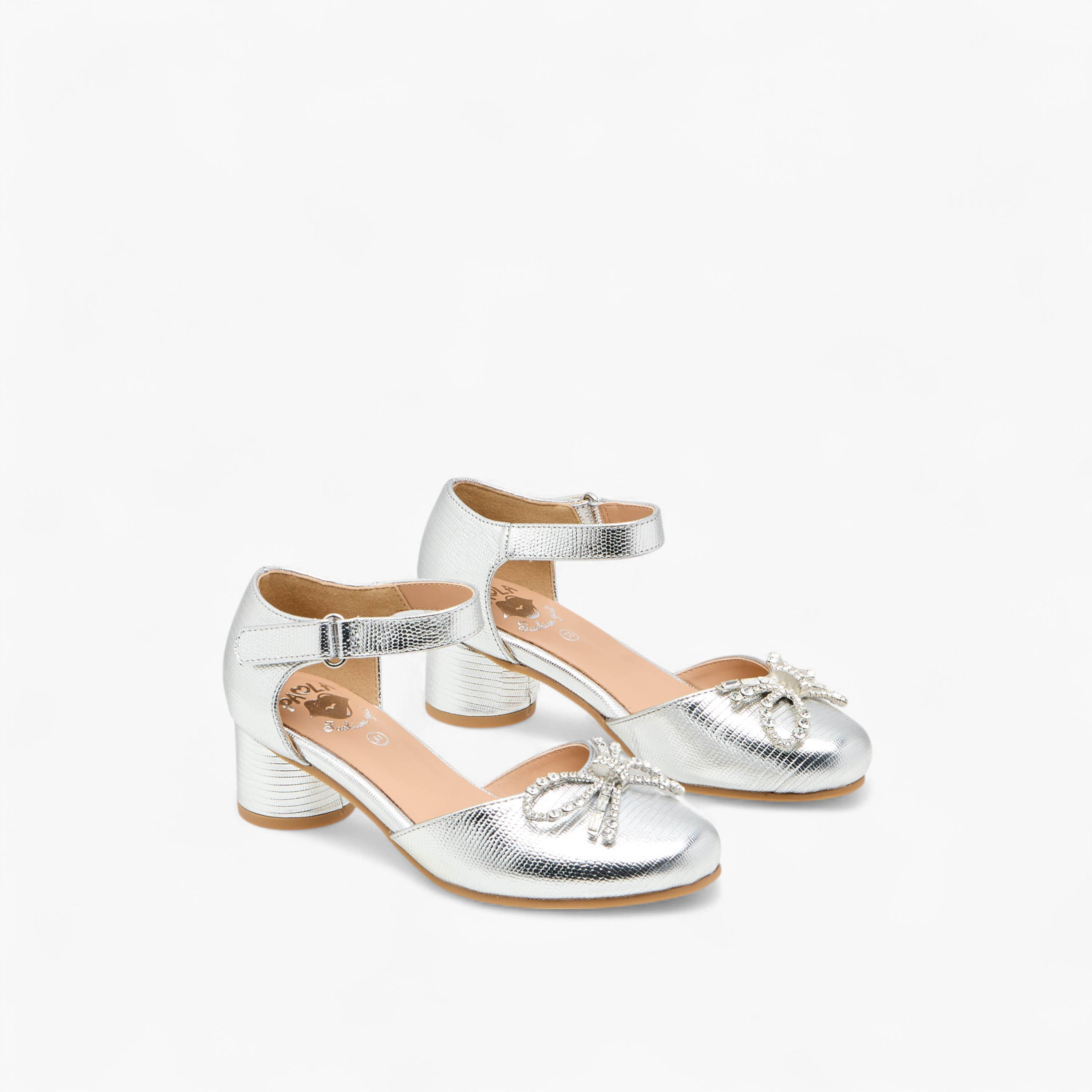 Pablosky Girls' Bow Embellished Block Heeled Sandals with Hook and Loop Closure-girls-shoes-sandals-image-1