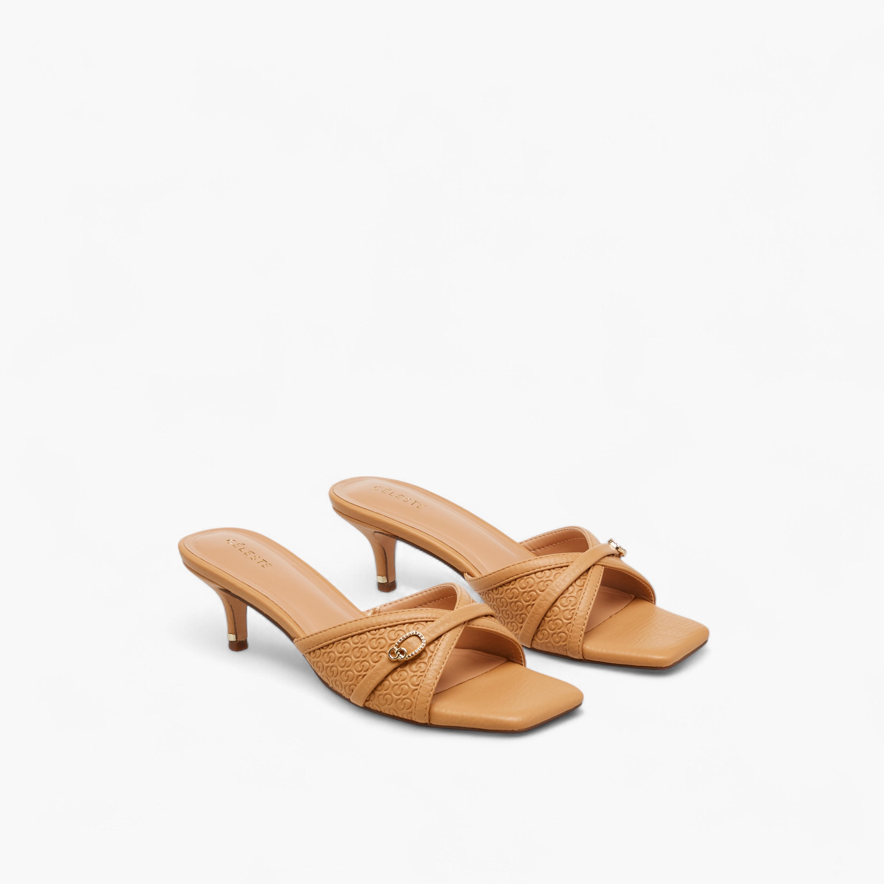 Celeste Women's Monogram Embossed Slip-On Sandals with Kitten Heels-women-shoes-sandals-heeled-image-1
