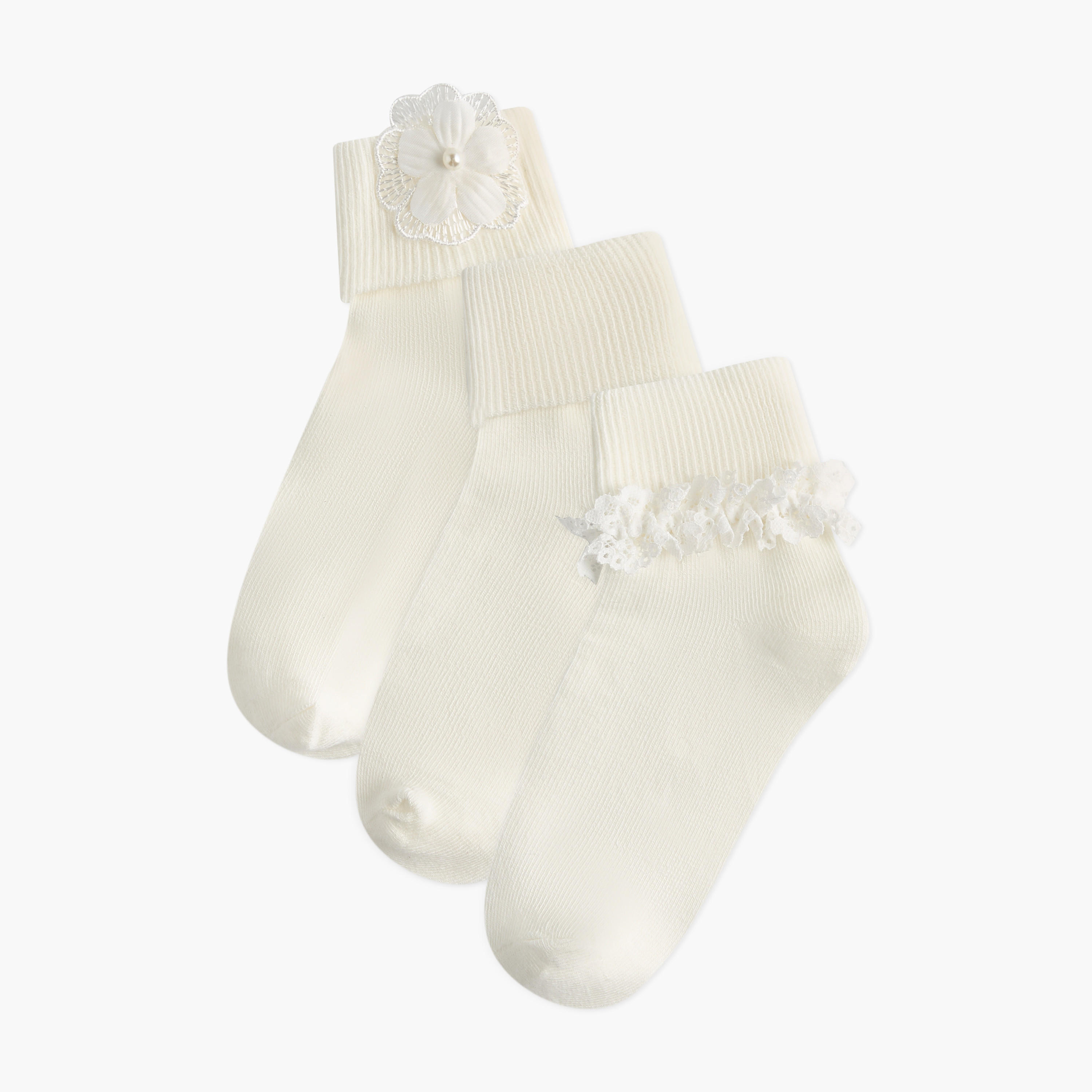 Little Missy Ribbed Non-Terry Ankle Length Socks with Frill Detail - Set of 3-girls-accessories-socks-image-1