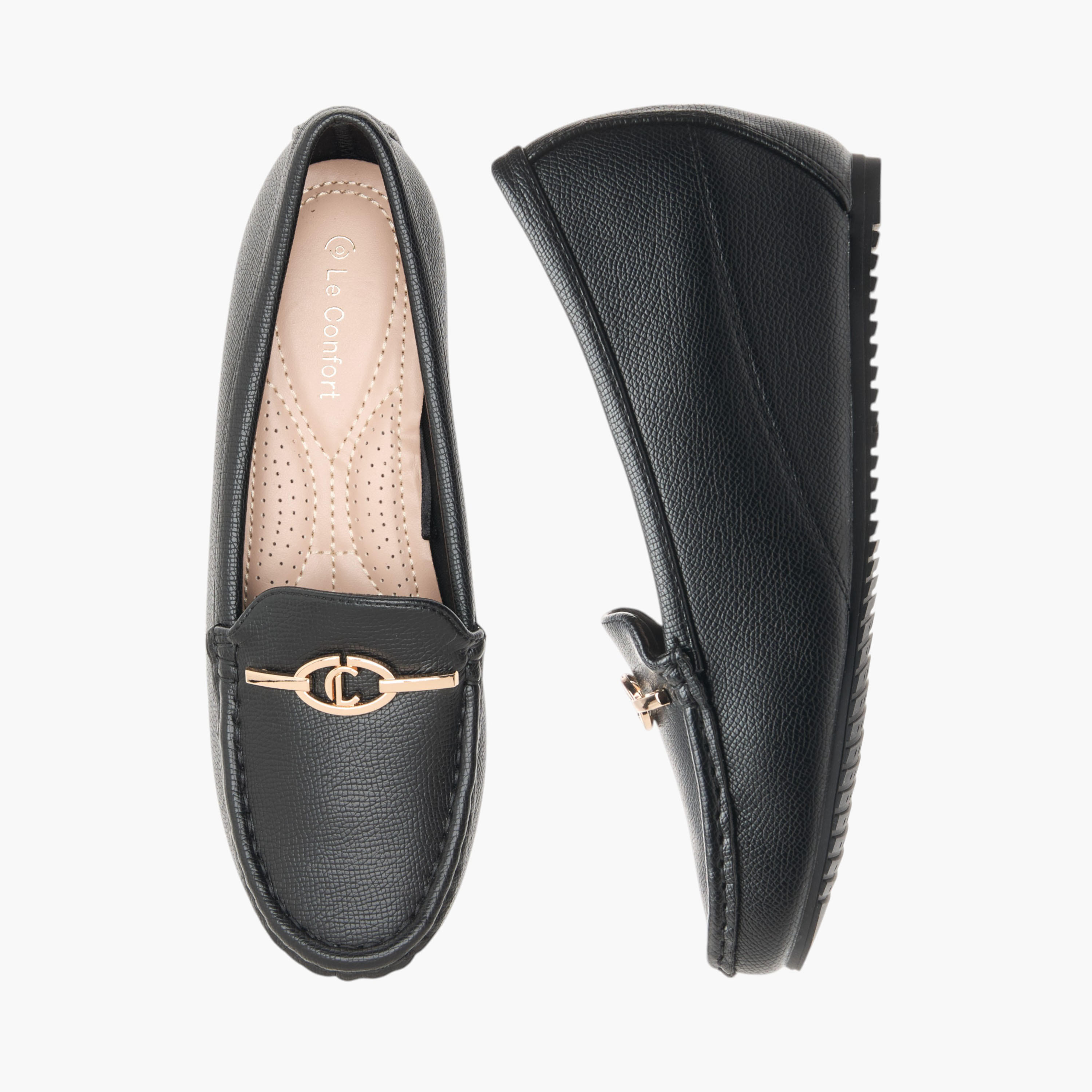 حذاء سهل الارتداء مريح بزينة معدنية وكعب ويدج من لو كونفورت-women-shoes-loafersandmoccasins-image-1