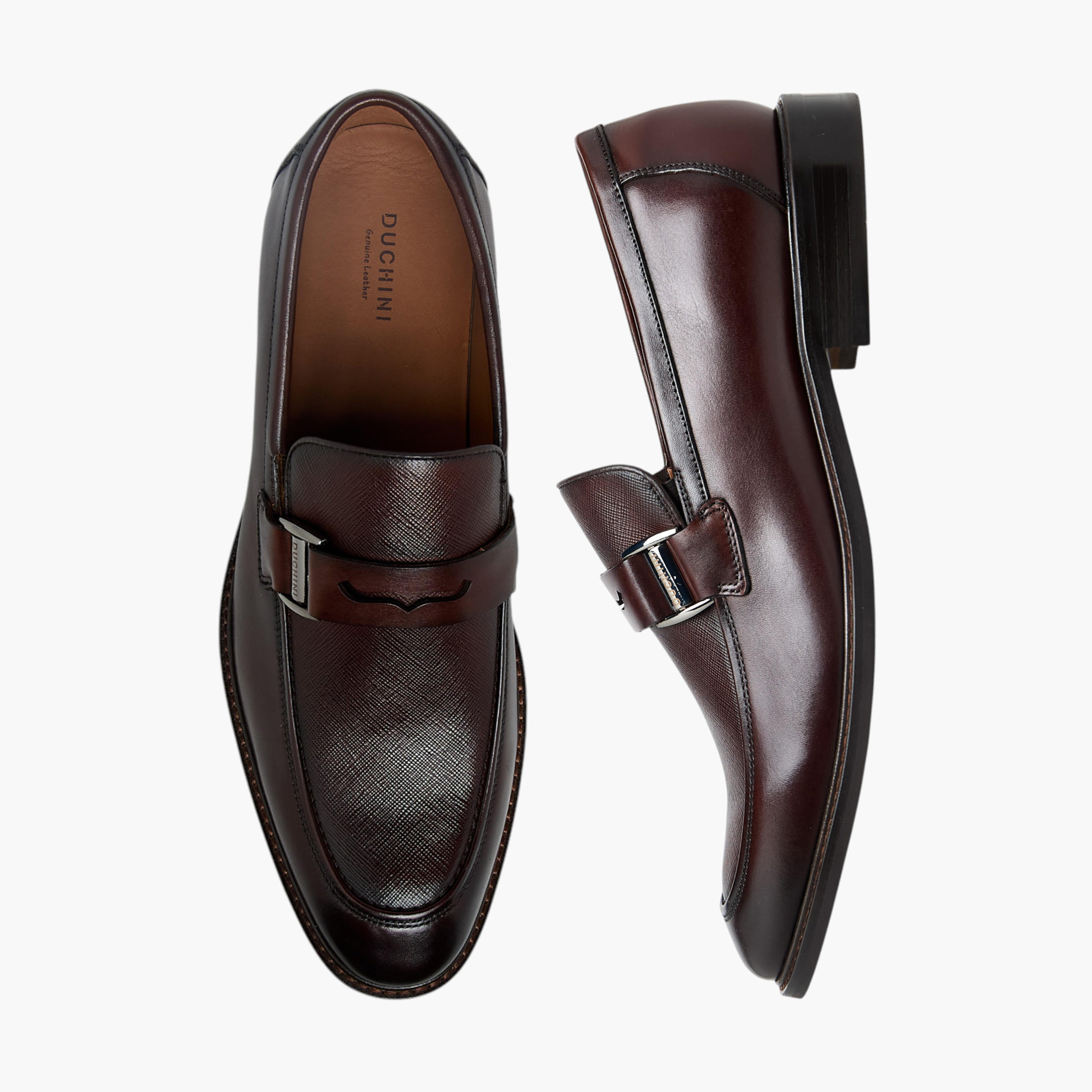 Duchini Men Buckle Accent Slip-On Leather Loafers-men-shoes-loafersandmoccasins-image-1