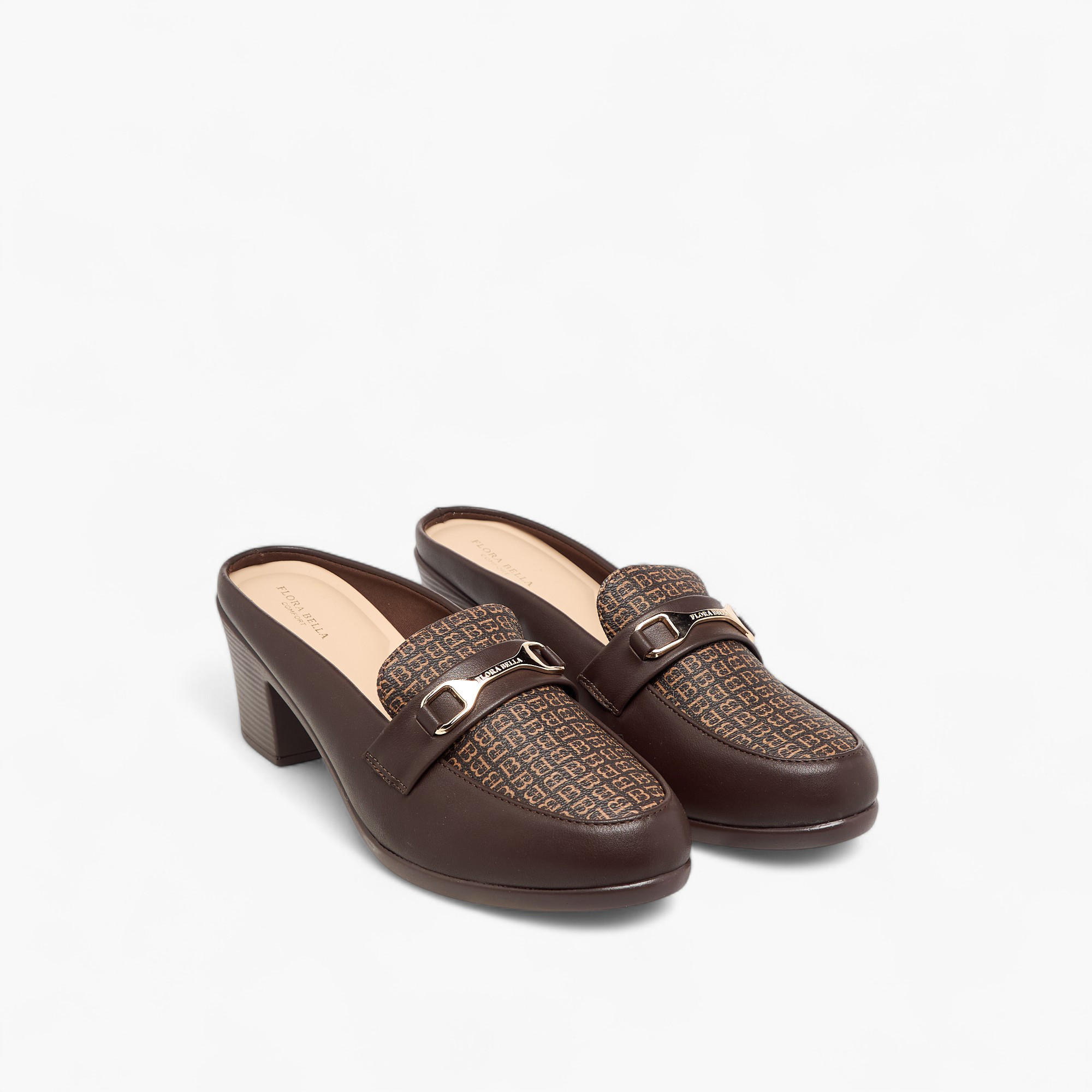 Flora Bella Monogram Print Slip-On Mules with Metal Accent and Block Heels-women-shoes-heels-image-1