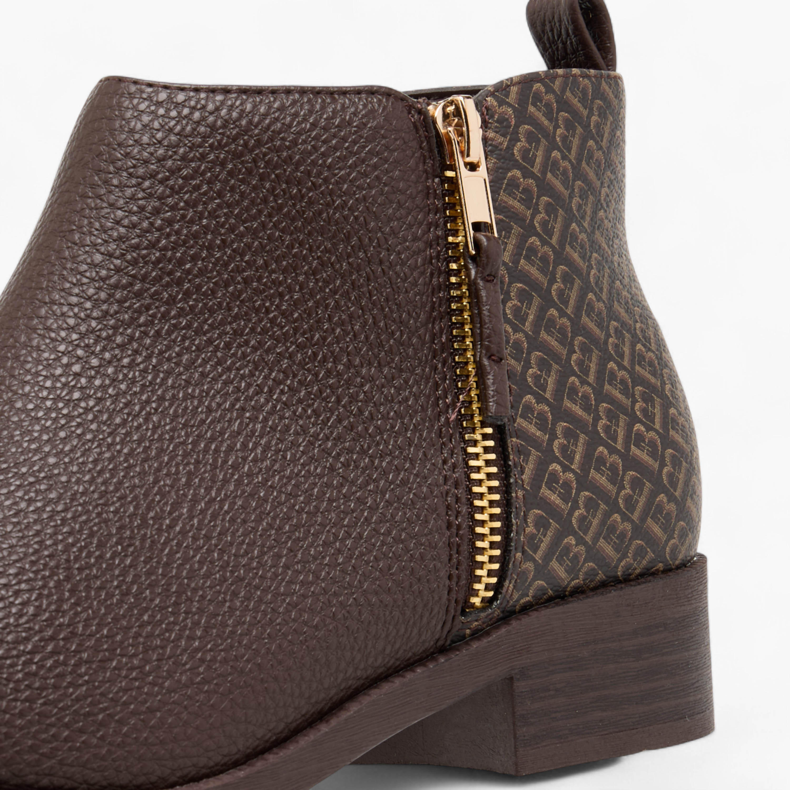 Flora Bella Monogram Print  Ankle Boots with Block Heels and Zip Closure-women-shoes-boots-image-4