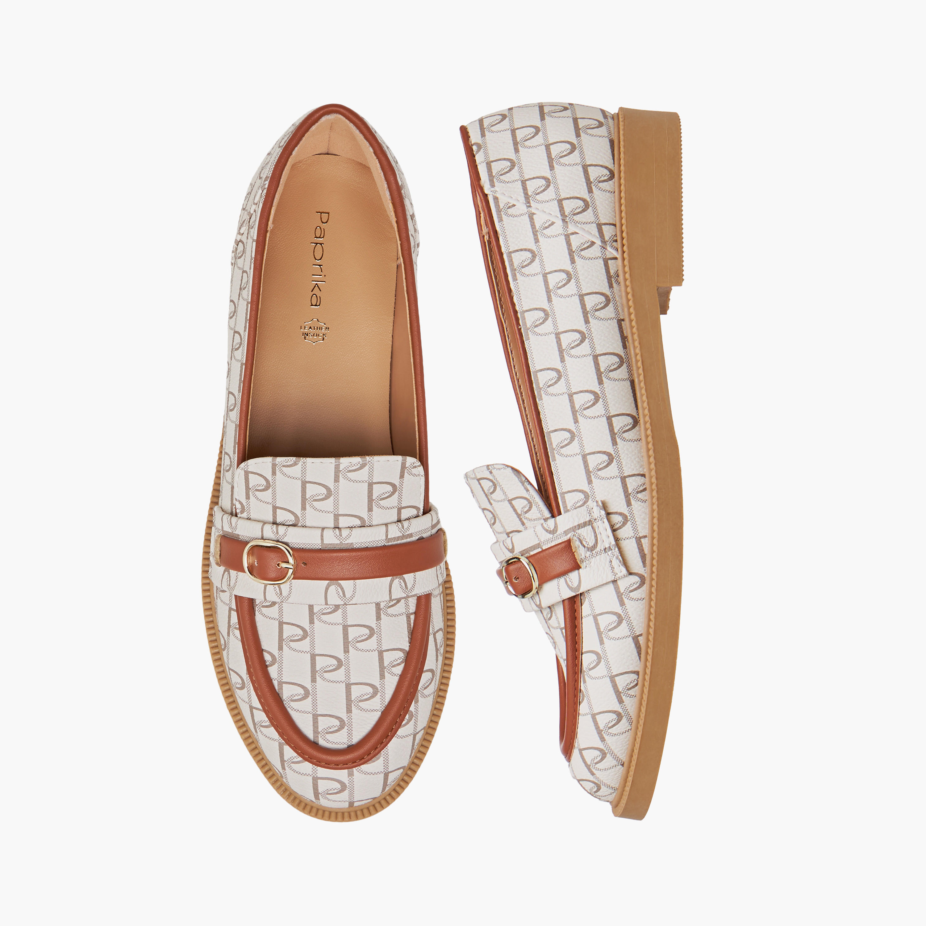 Paprika Monogram Print Slip-On Loafers with Buckle Accent-women-shoes-loafersandmoccasins-image-1