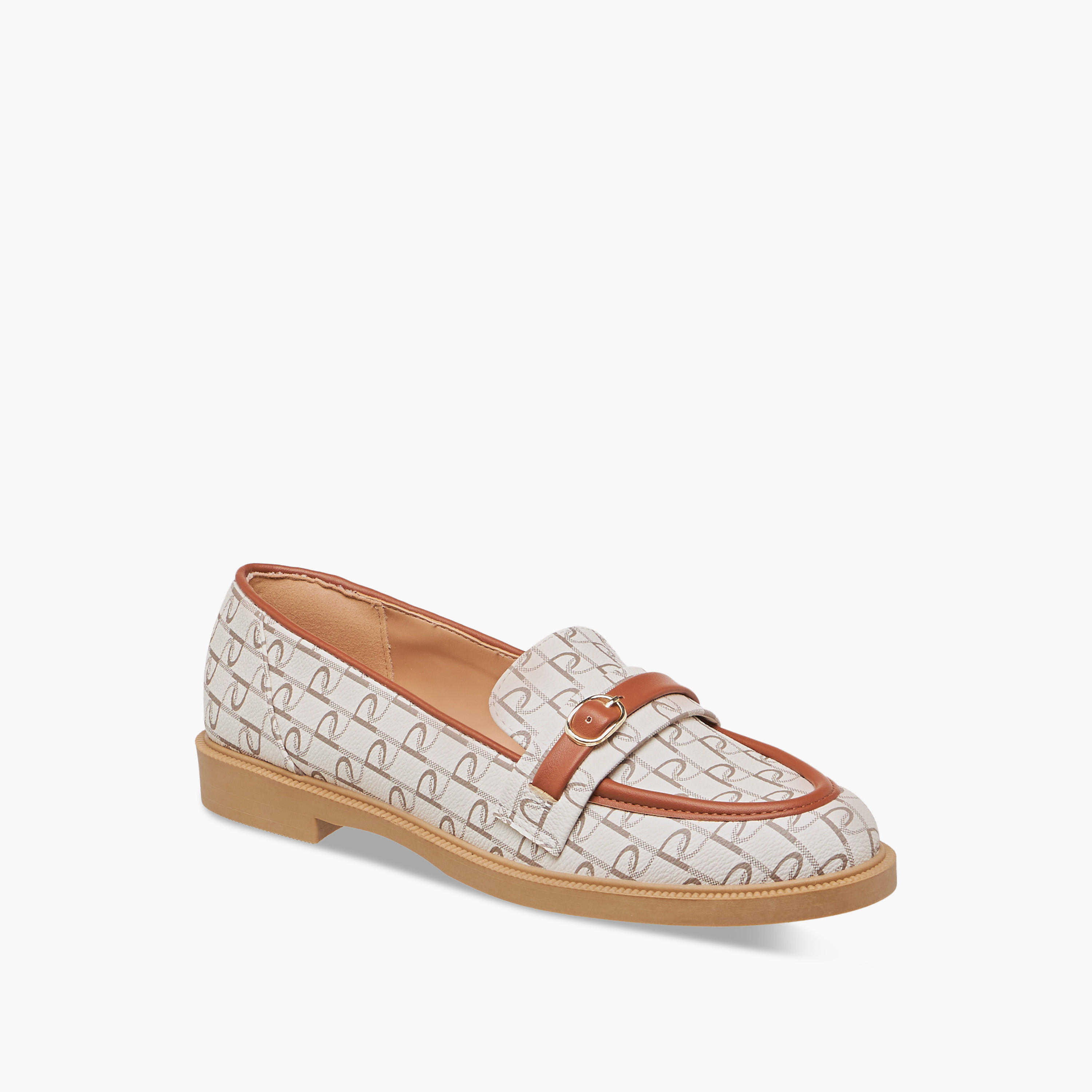Paprika Monogram Print Slip-On Loafers with Buckle Accent-women-shoes-loafersandmoccasins-image-2