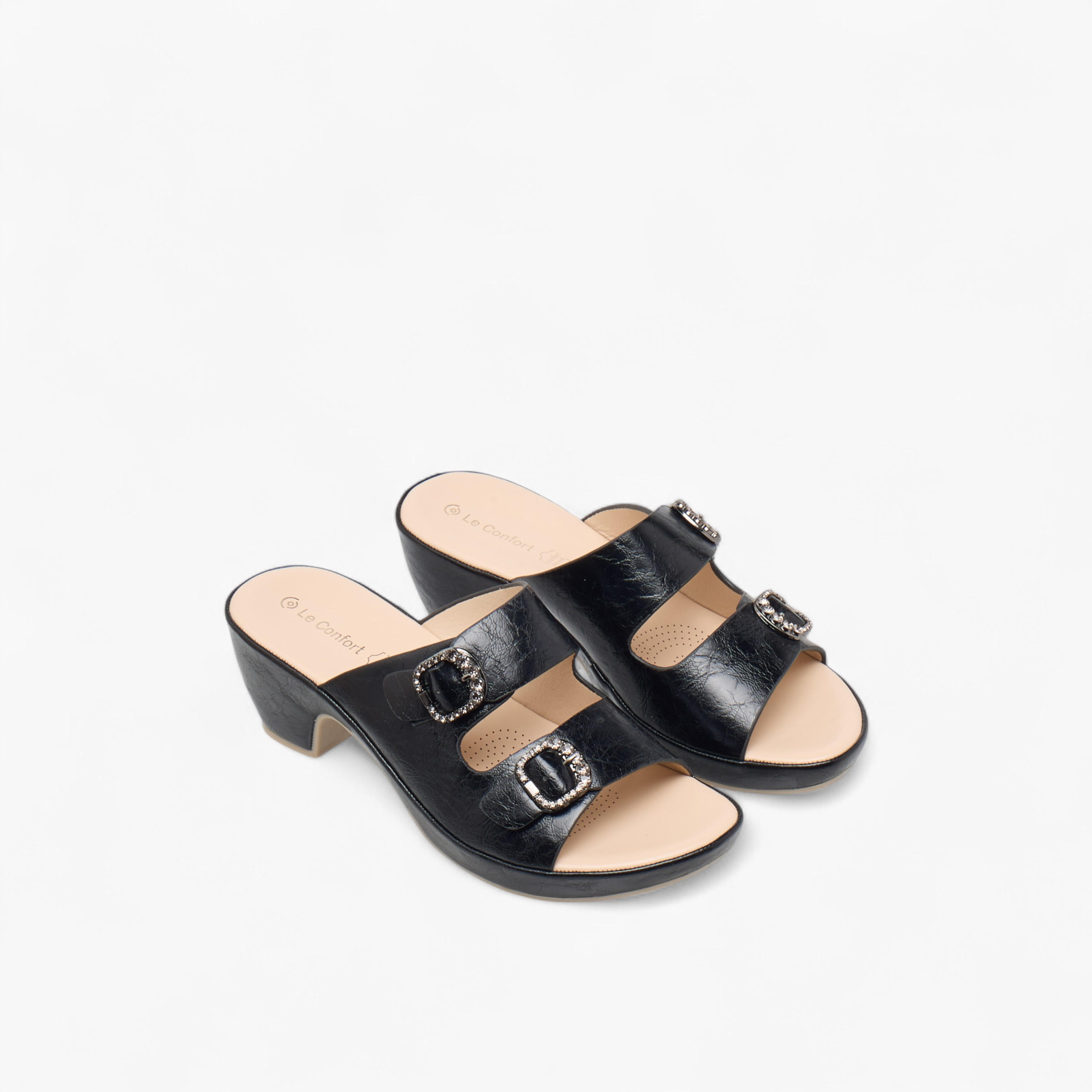 Le Confort Textured Slip-On Comfort Sandals with Embellished Buckle Accent-women-shoes-sandals-heeled-image-1