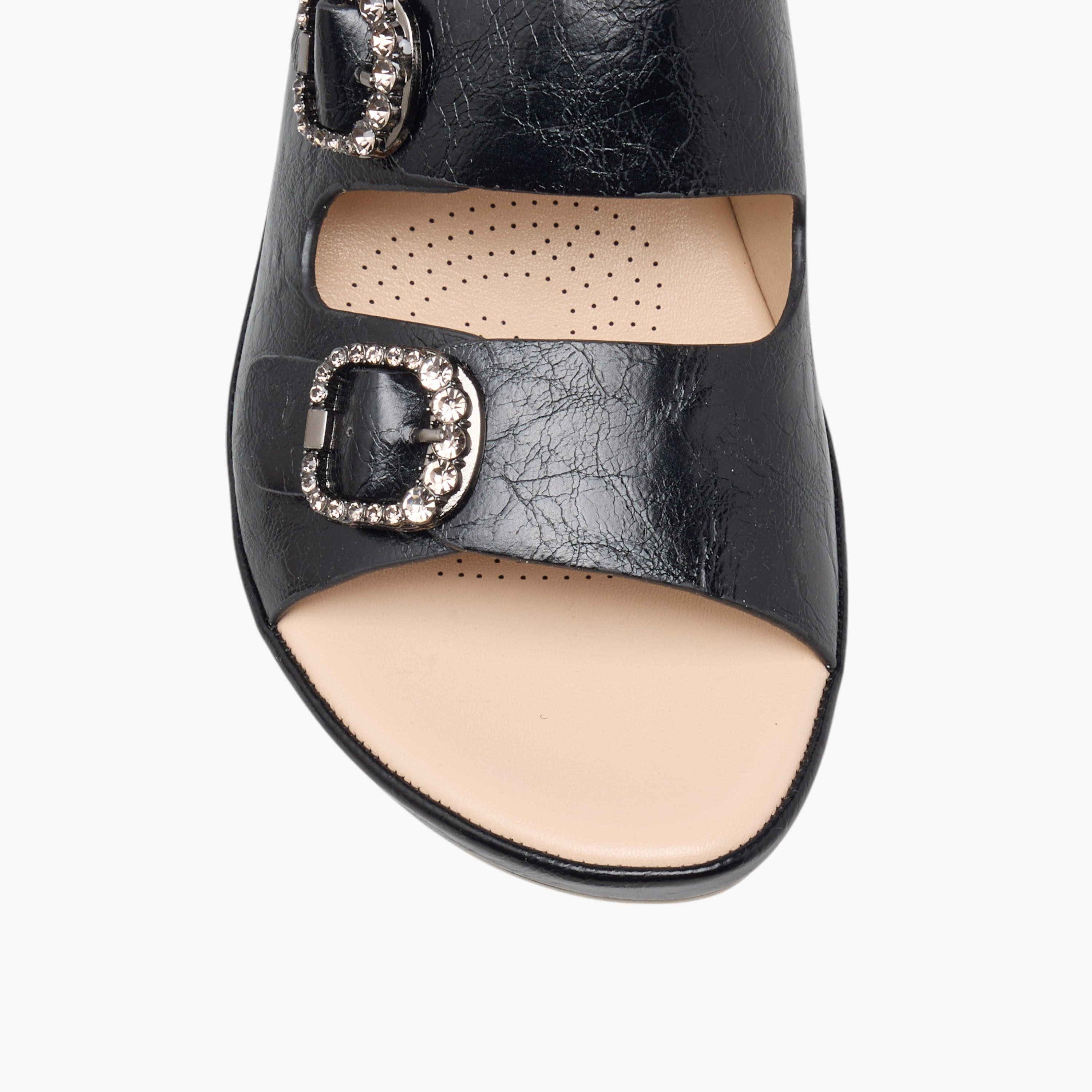 Le Confort Textured Slip-On Comfort Sandals with Embellished Buckle Accent-women-shoes-sandals-heeled-image-4