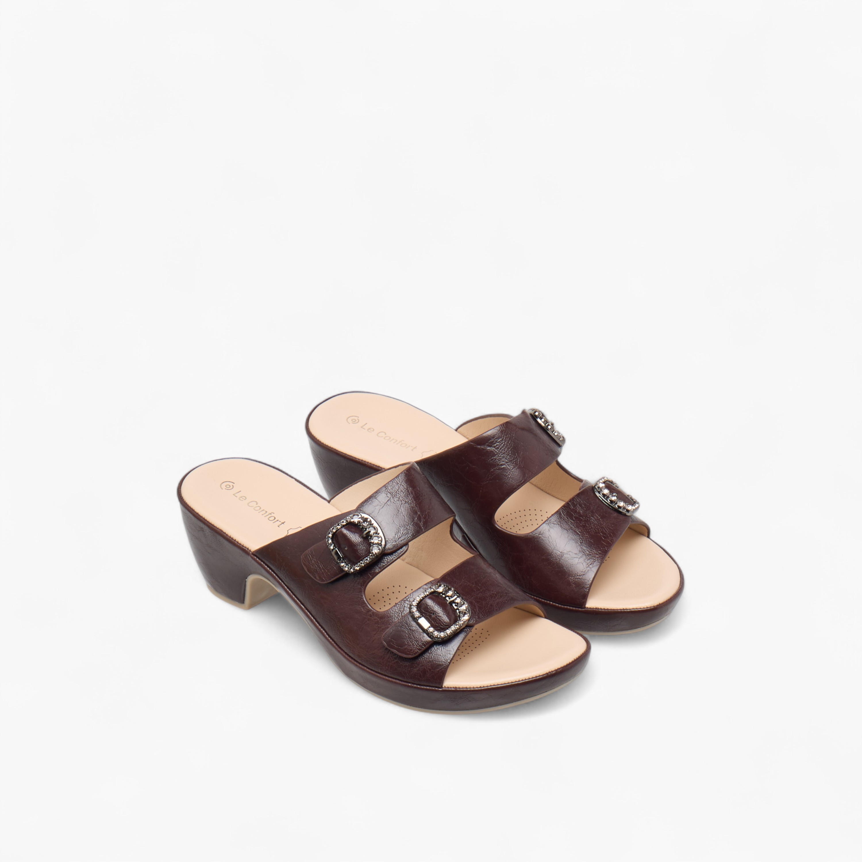 Le Confort Textured Slip-On Comfort Sandals with Embellished Buckle Accent-women-shoes-sandals-heeled-image-1