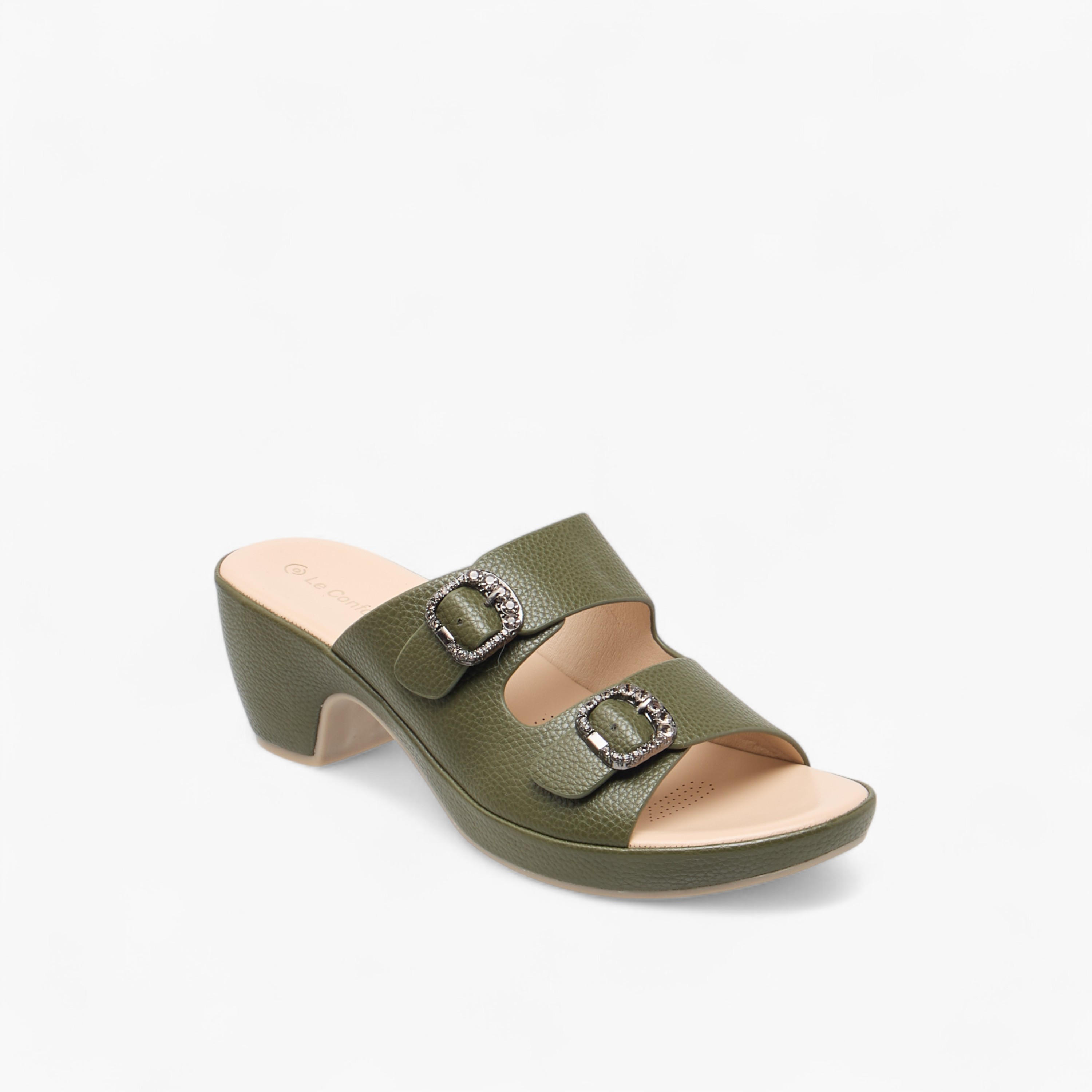 Le Confort Textured Slip-On Comfort Sandals with Embellished Buckle Accent-women-shoes-sandals-heeled-image-2