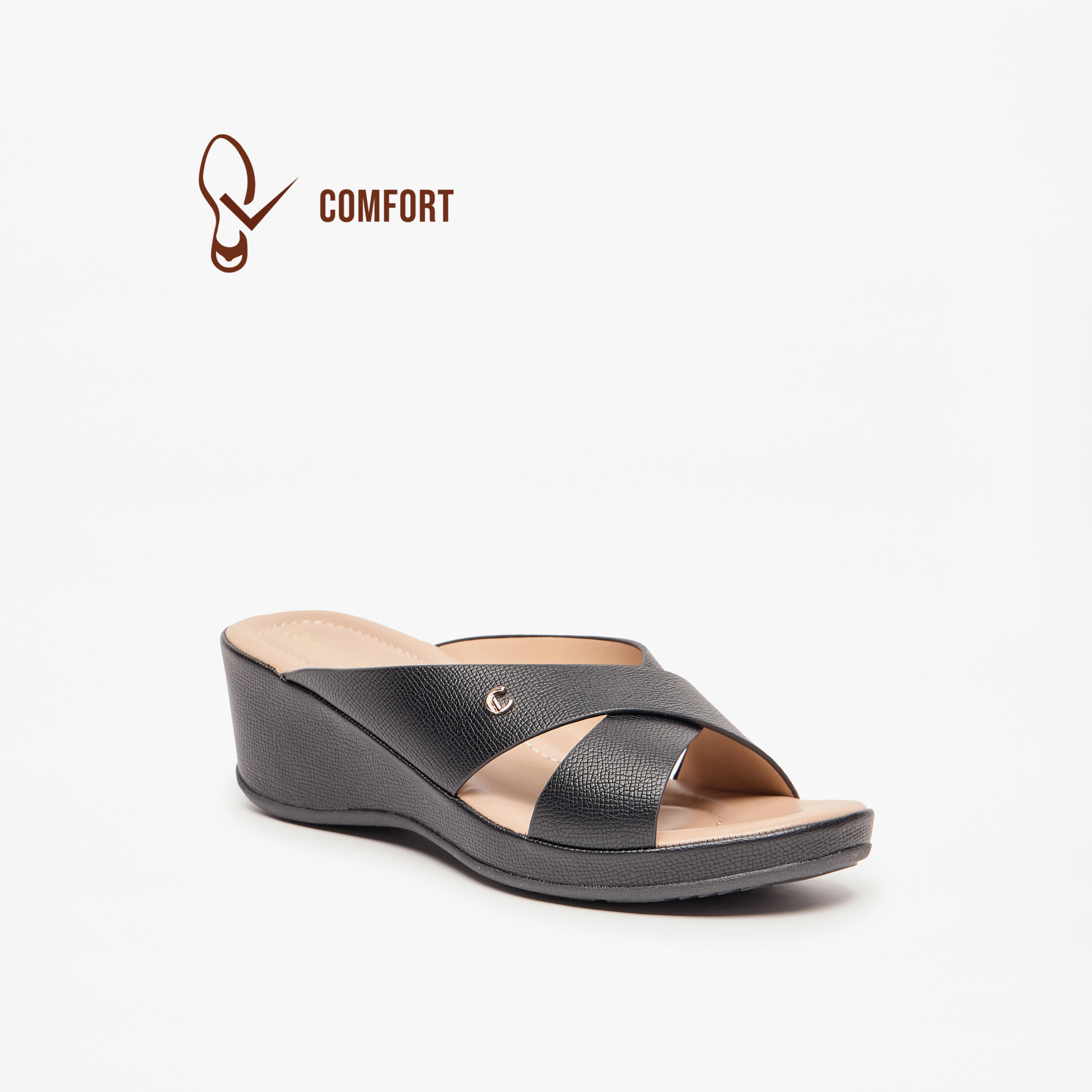 Le Confort Solid Cross Strap Slip-On Sandals with Wedge Heels-women-shoes-sandals-heeled-image-1