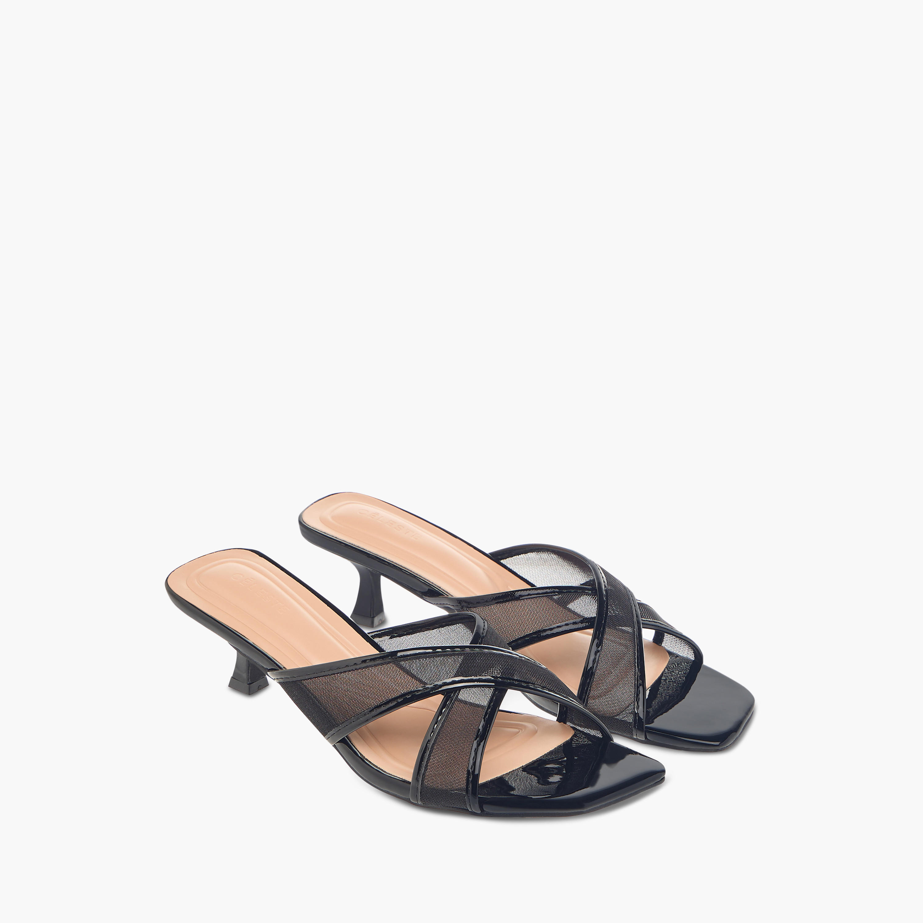 Celeste Women's Textured Slip-On Cross Strap Sandals with Kitten Heels-women-shoes-sandals-heeled-image-1