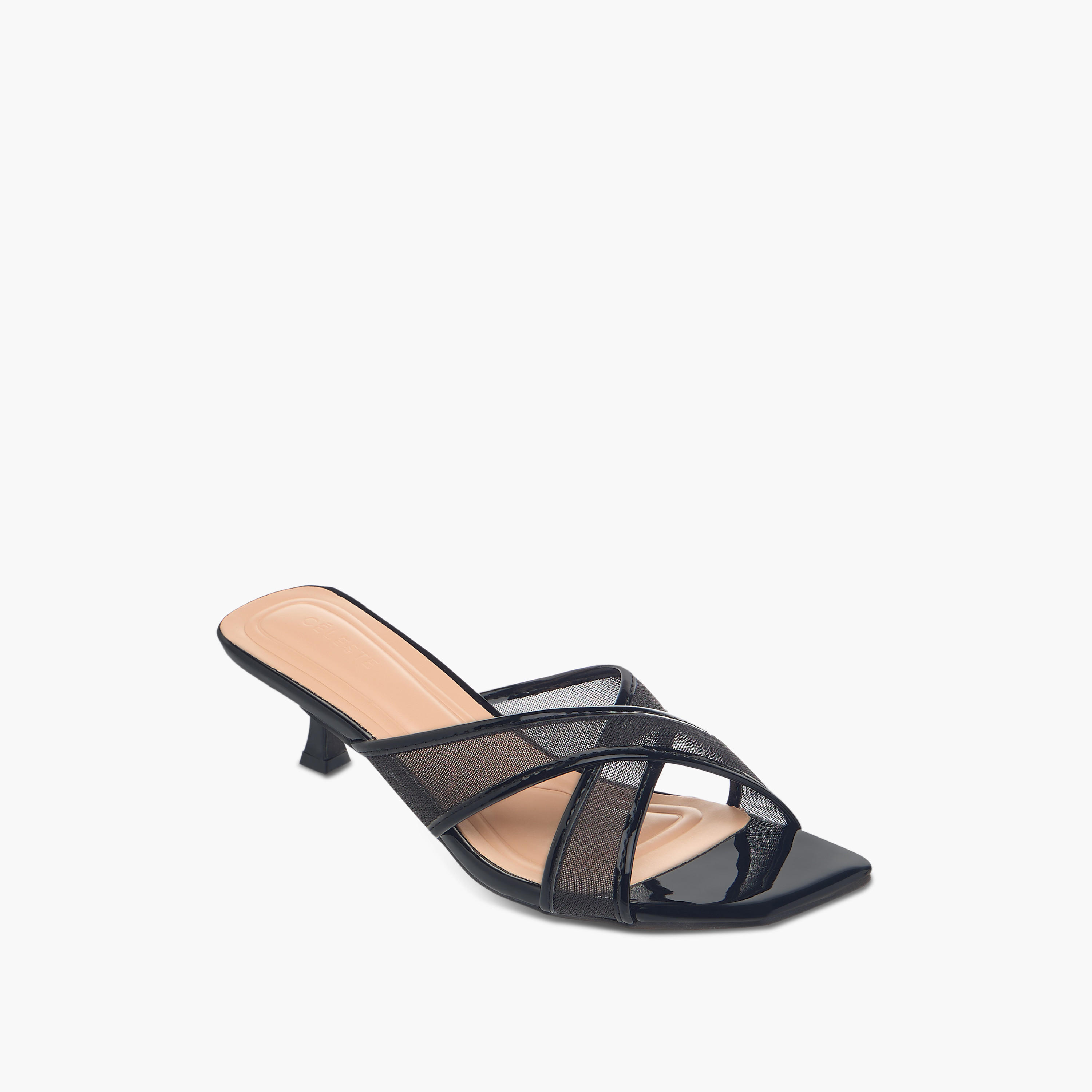 Celeste Women's Textured Slip-On Cross Strap Sandals with Kitten Heels-women-shoes-sandals-heeled-image-2