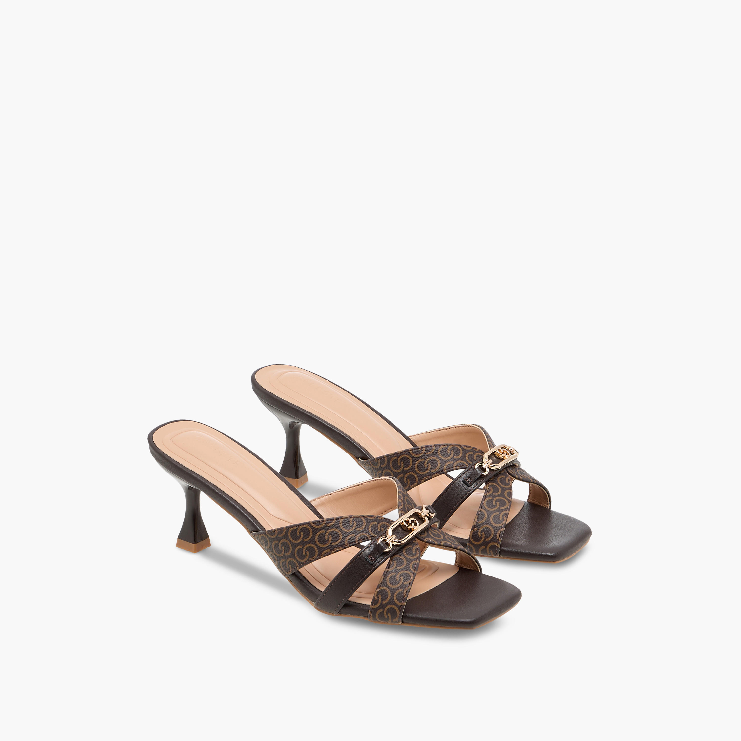 Celeste Women's Monogram Print Slip-On Cross Strap Sandals with Kitten Heels-women-shoes-sandals-heeled-image-1