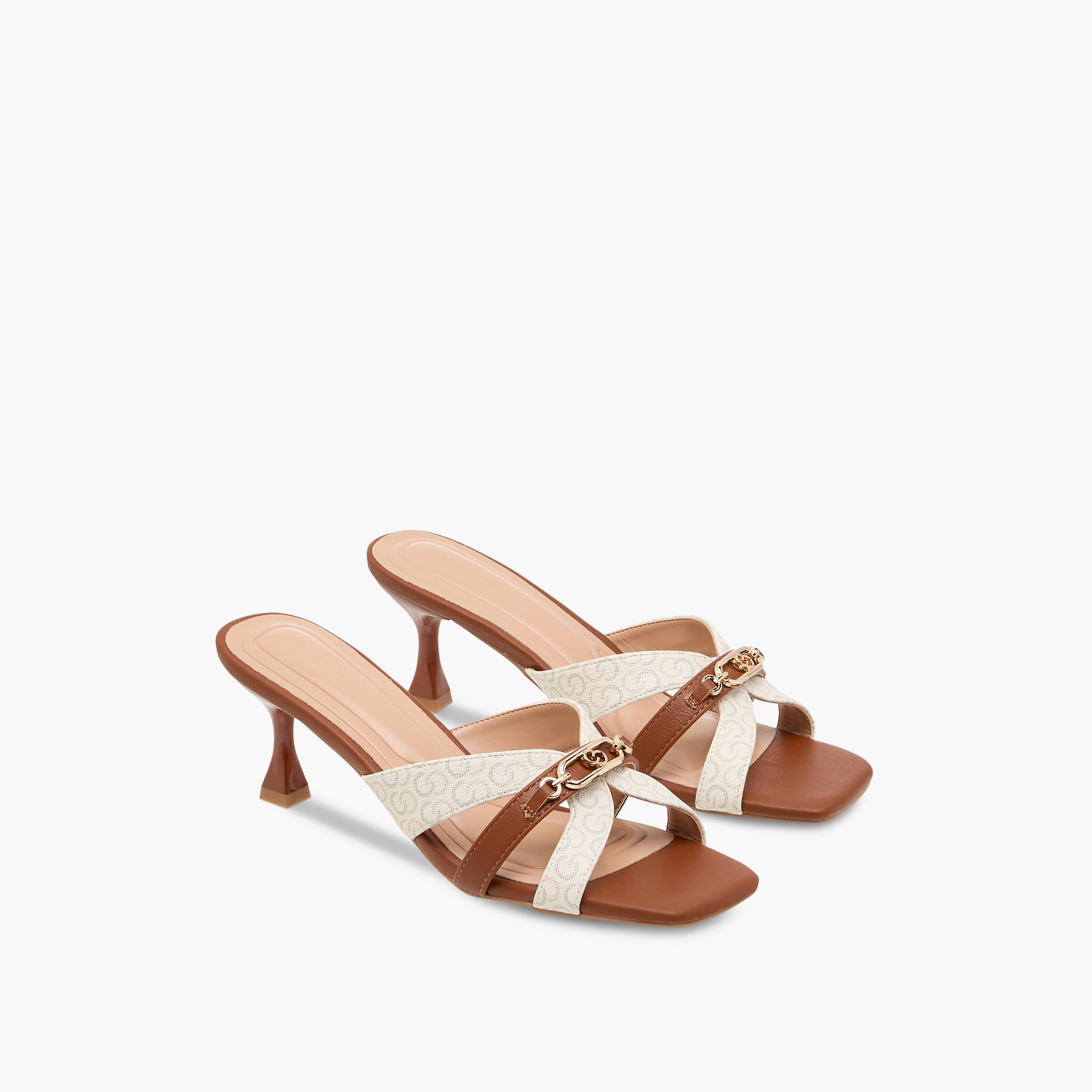 Celeste Women's Monogram Print Slip-On Cross Strap Sandals with Kitten Heels-women-shoes-sandals-heeled-image-1