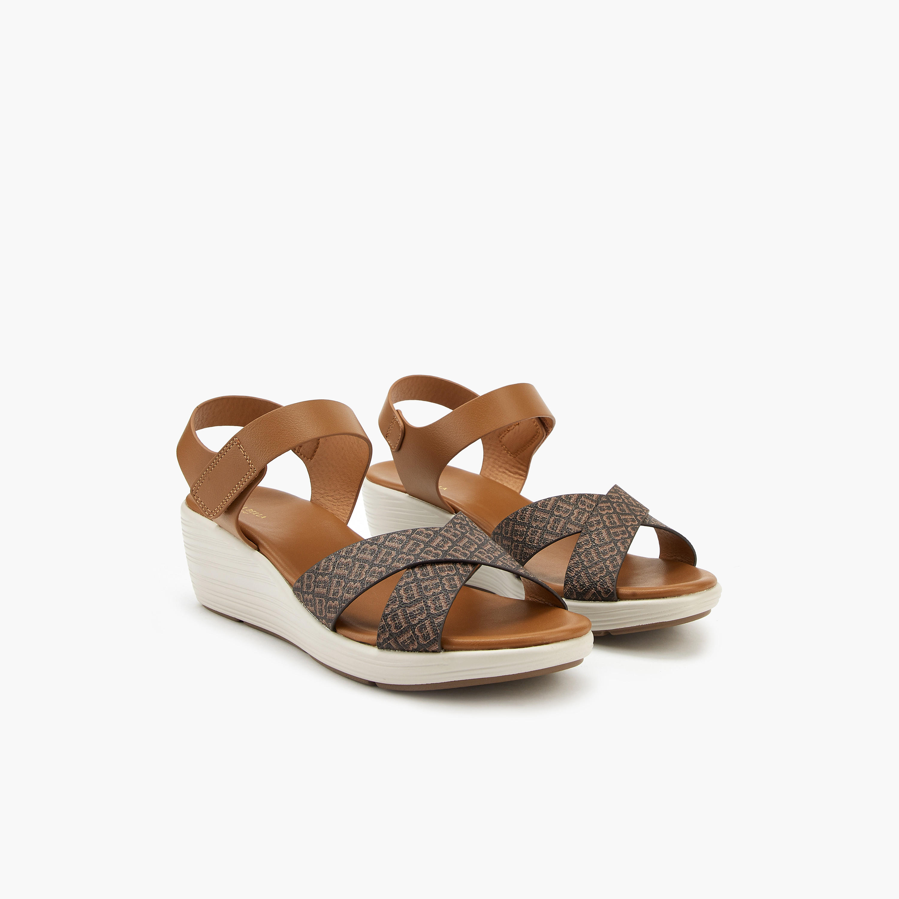 صندل بأحزمة متقاطعة وشريط إغلاق لاصق وطبعات مونوجرام من فلورا بيلا-women-shoes-sandals-heeled-image-1