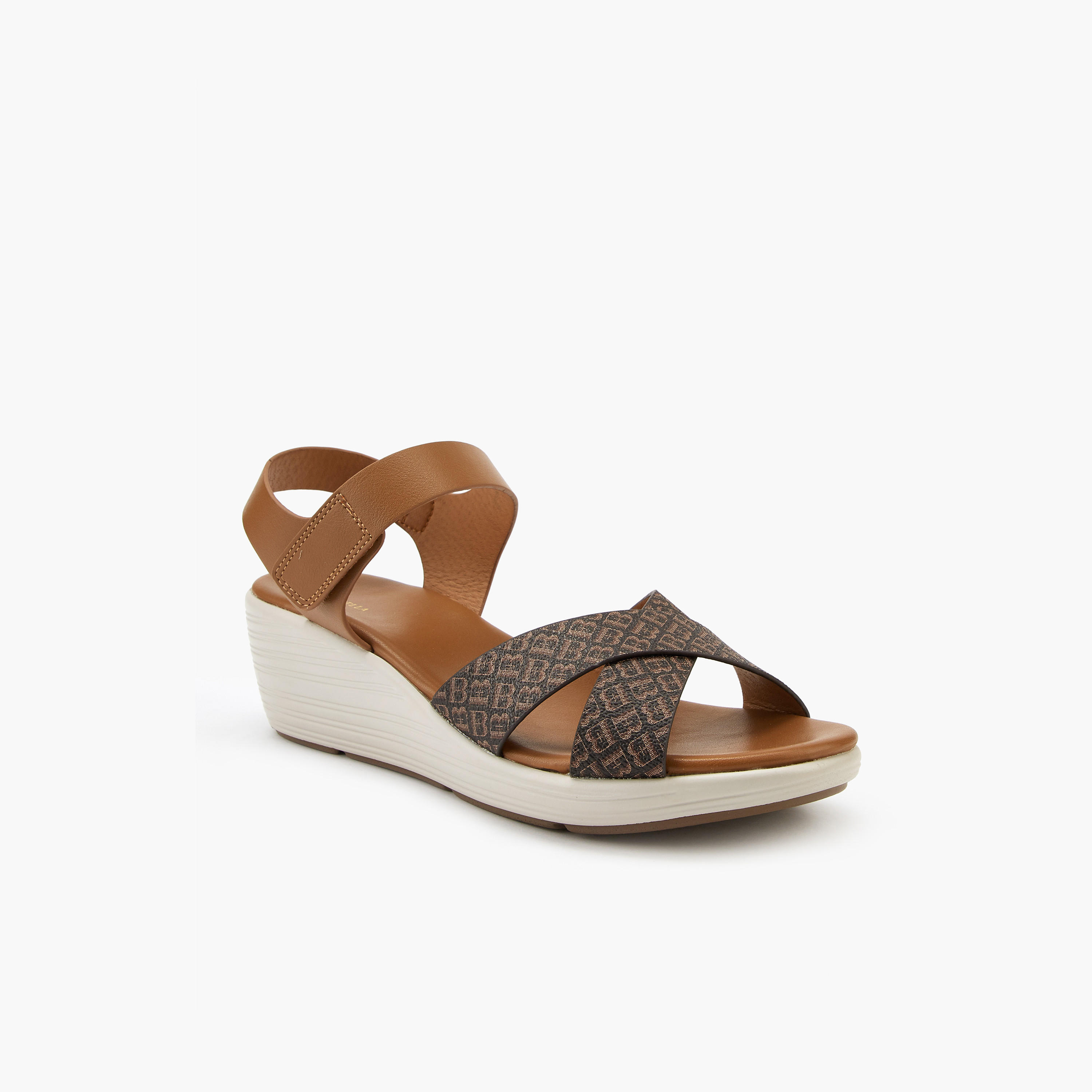 صندل بأحزمة متقاطعة وشريط إغلاق لاصق وطبعات مونوجرام من فلورا بيلا-women-shoes-sandals-heeled-image-2