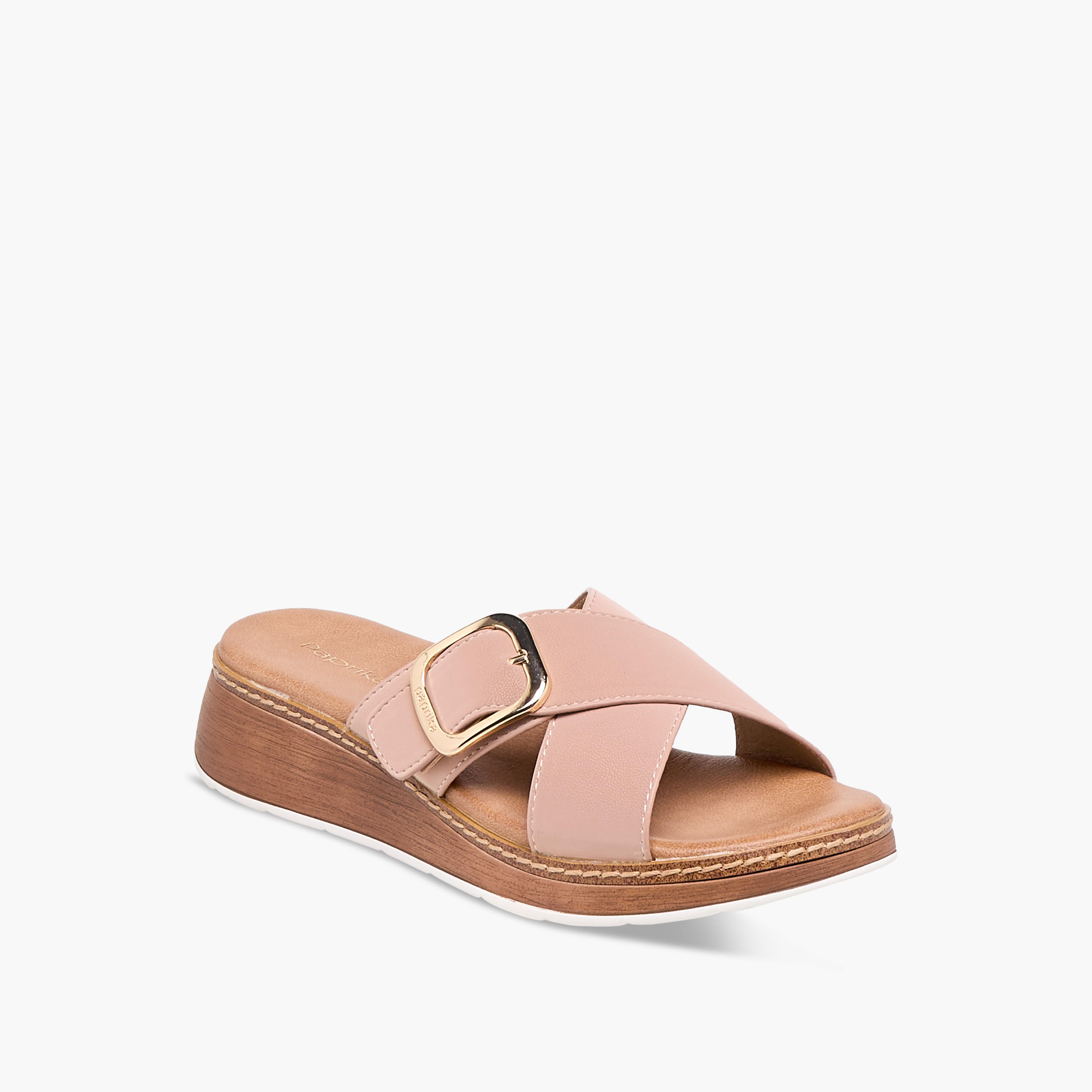 Paprika Buckle Accent Slip-On Cross Strap Sandals-women-shoes-sandals-heeled-image-2