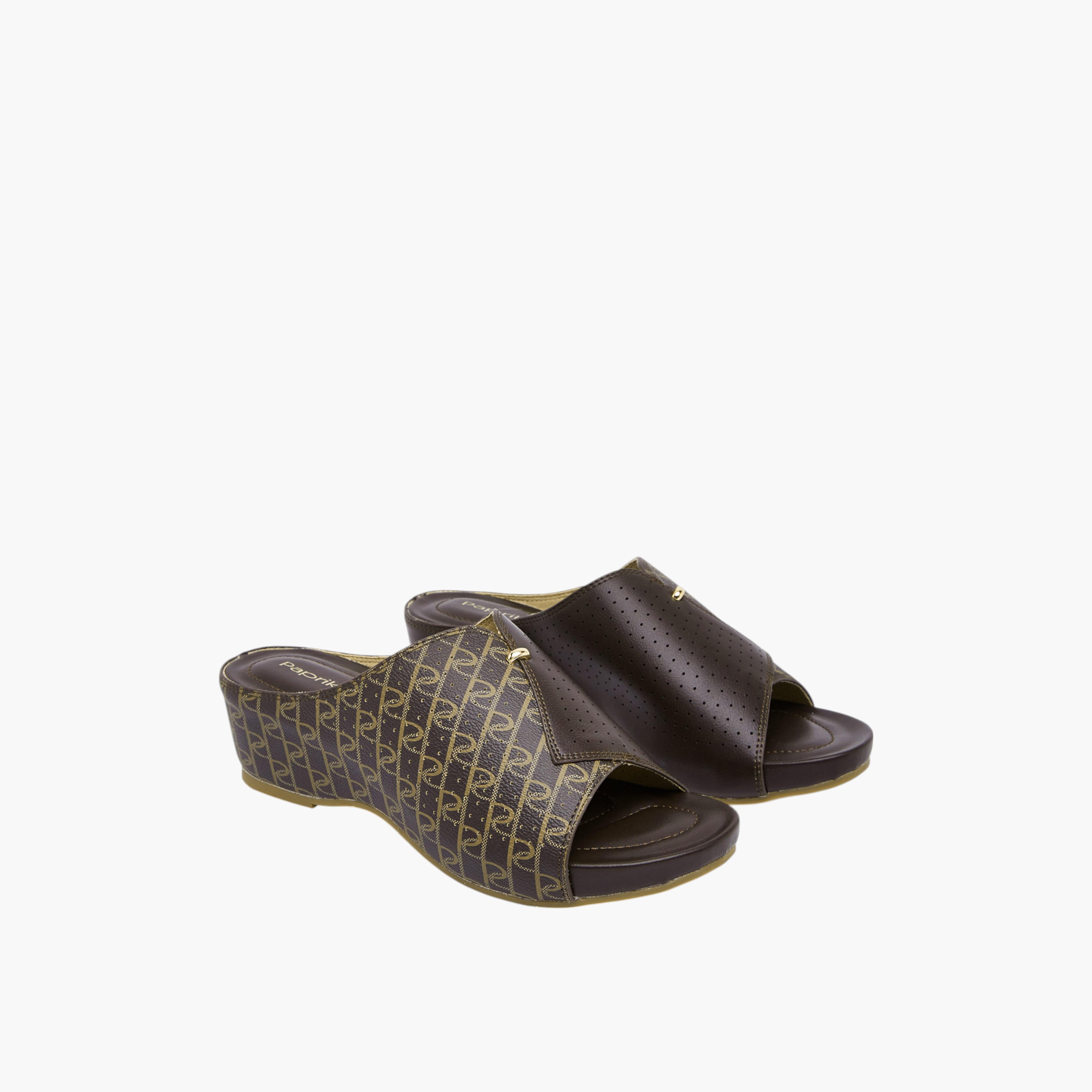 Paprika Women's Monogram Print Slip-On Peep Toe Sandals with Wedge Heels-women-shoes-sandals-heeled-image-2