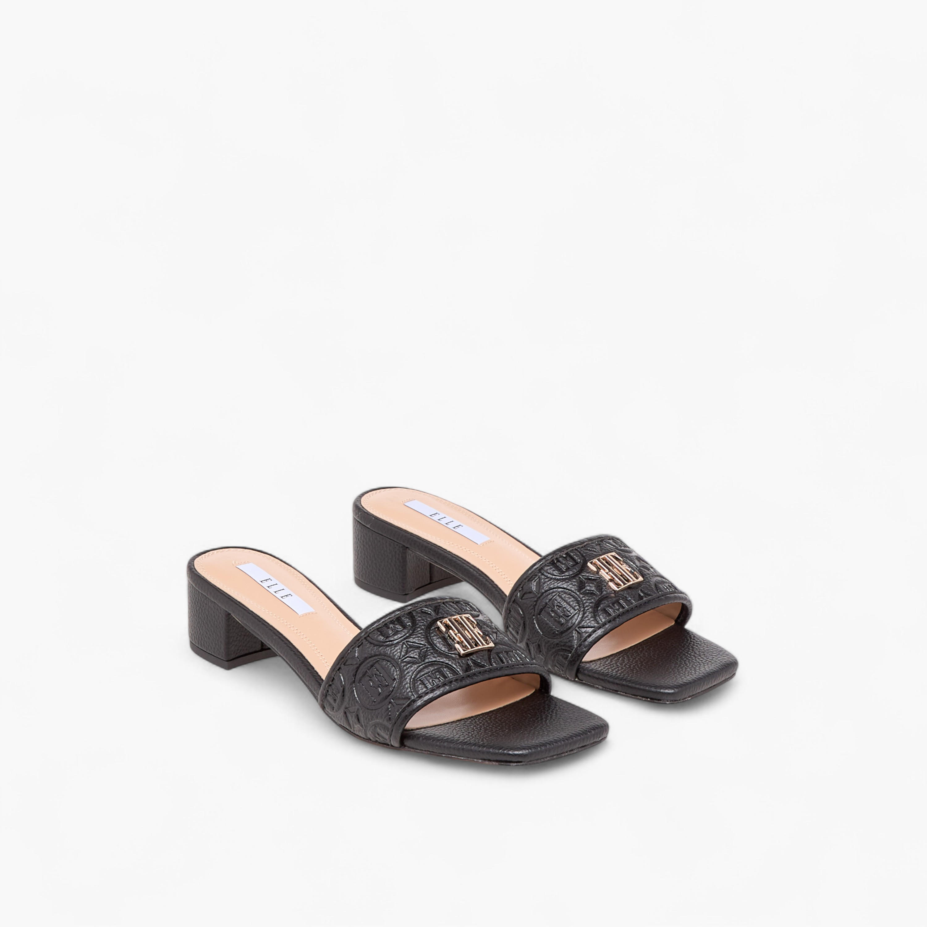 Elle Women's Monogram Embossed Slip-On Sandals with Block Heels-women-shoes-sandals-heeled-image-1
