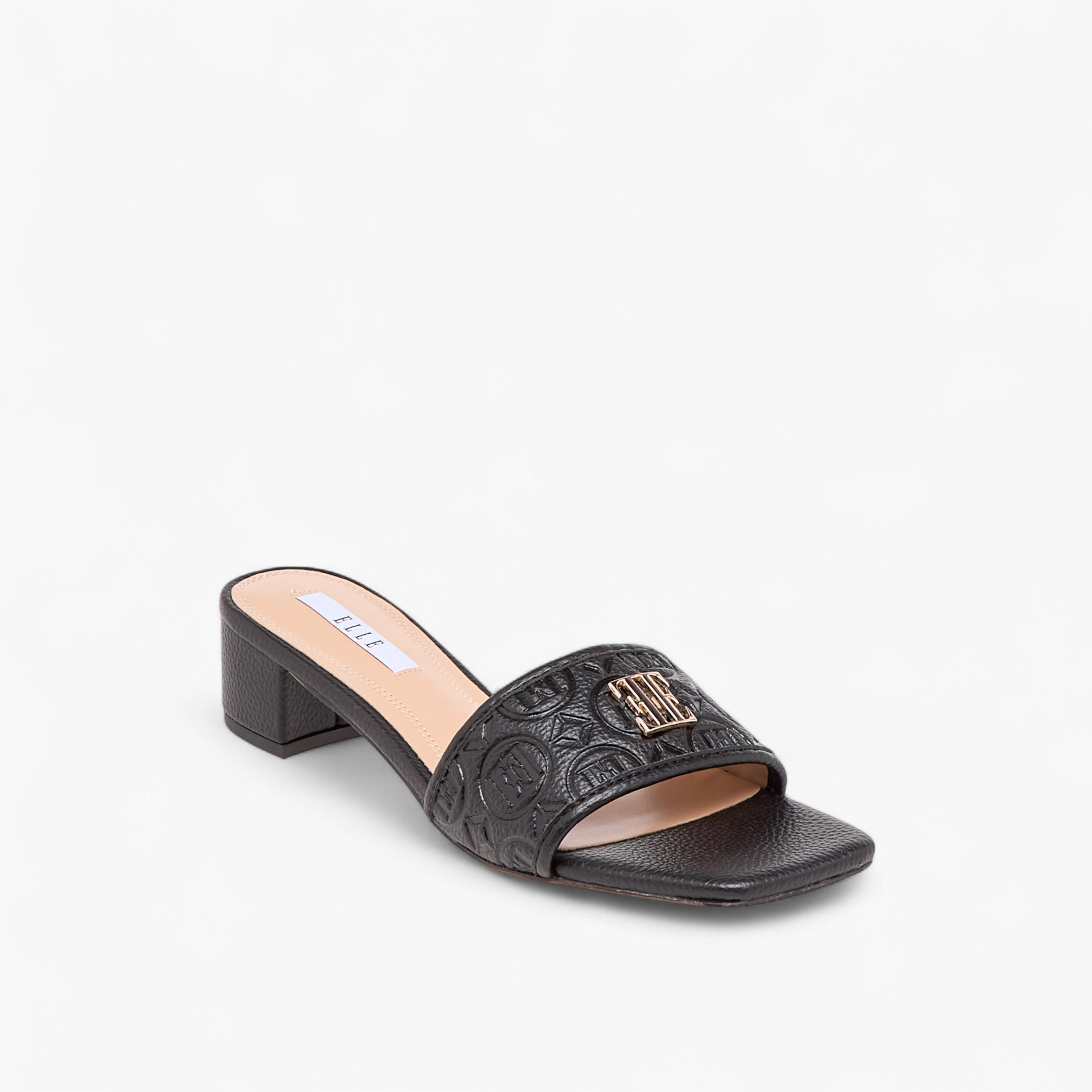 Elle Women's Monogram Embossed Slip-On Sandals with Block Heels-women-shoes-sandals-heeled-image-2