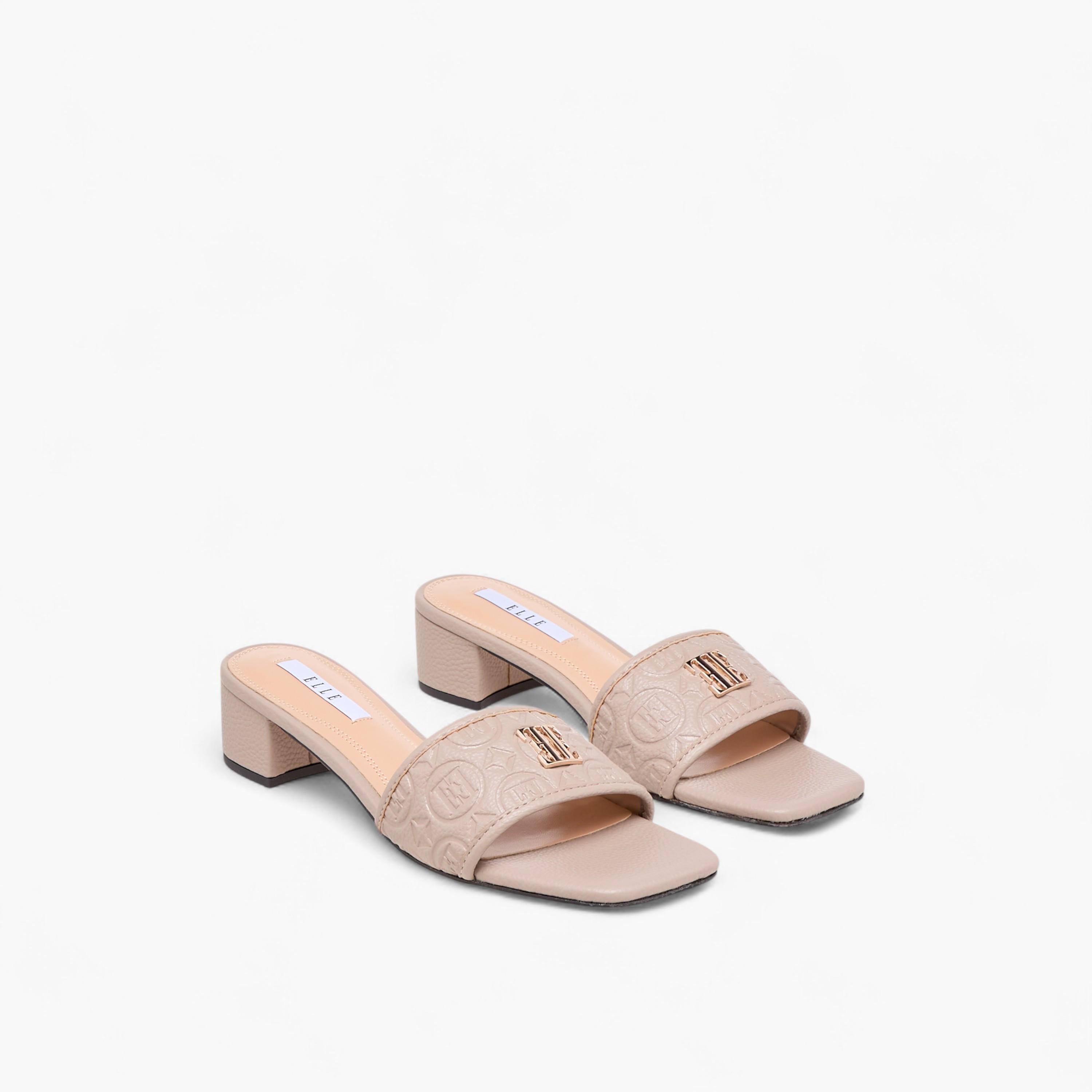 Elle Women's Monogram Embossed Slip-On Sandals with Block Heels-women-shoes-sandals-heeled-image-1