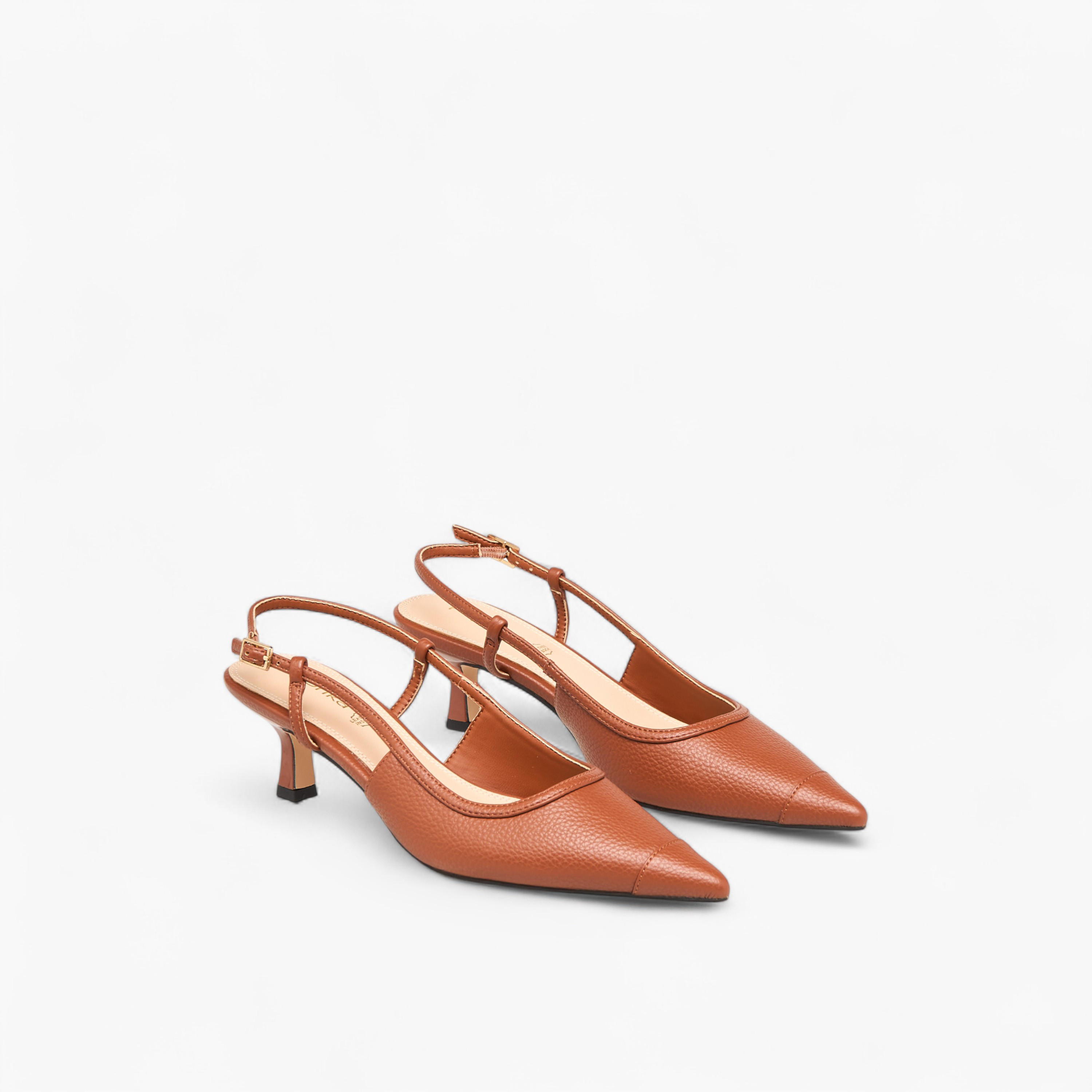 Paprika Textured Pointed Toe Shoes with Buckle Closure and Kitten Heels-women-shoes-sandals-heeled-image-1