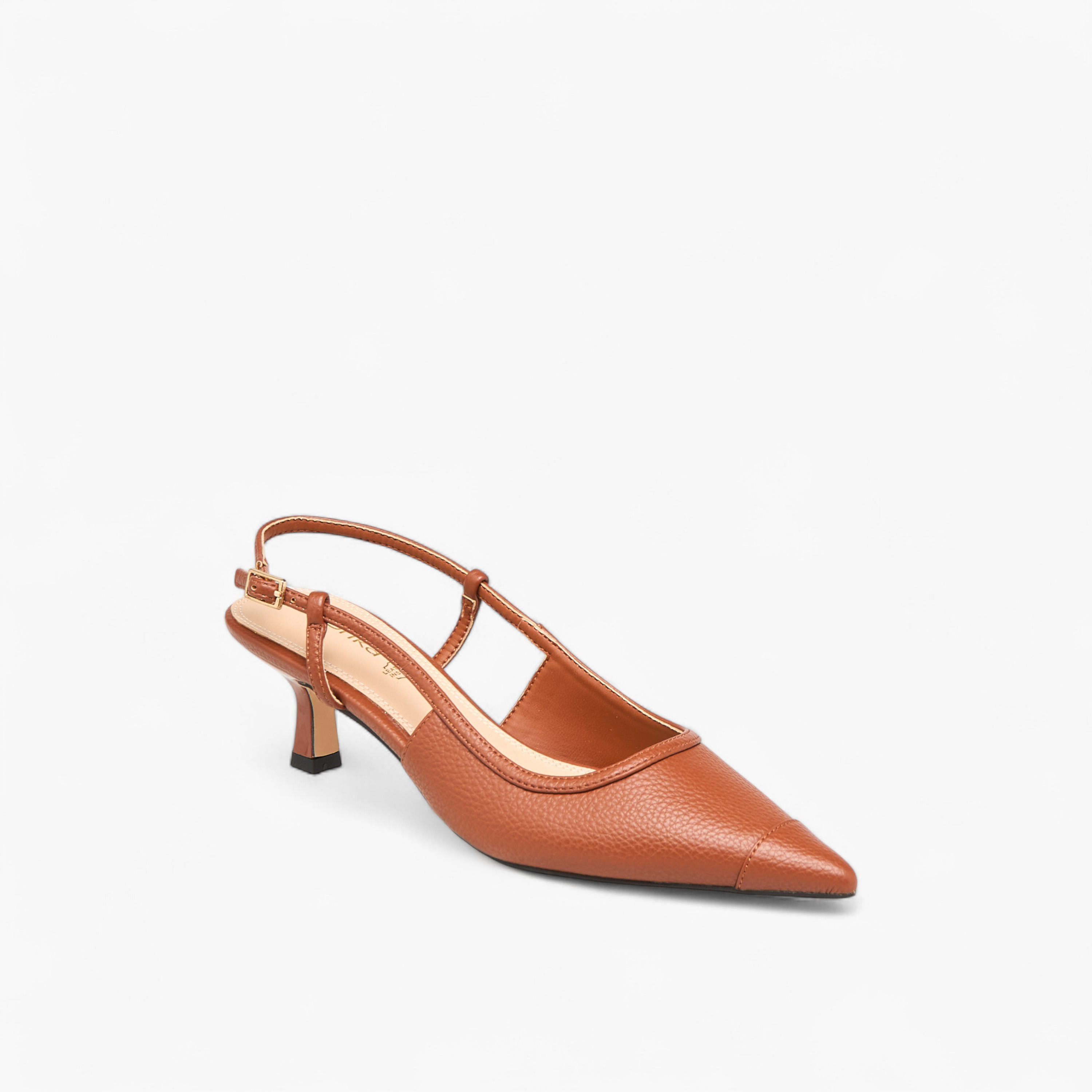 Paprika Textured Pointed Toe Shoes with Buckle Closure and Kitten Heels-women-shoes-sandals-heeled-image-2