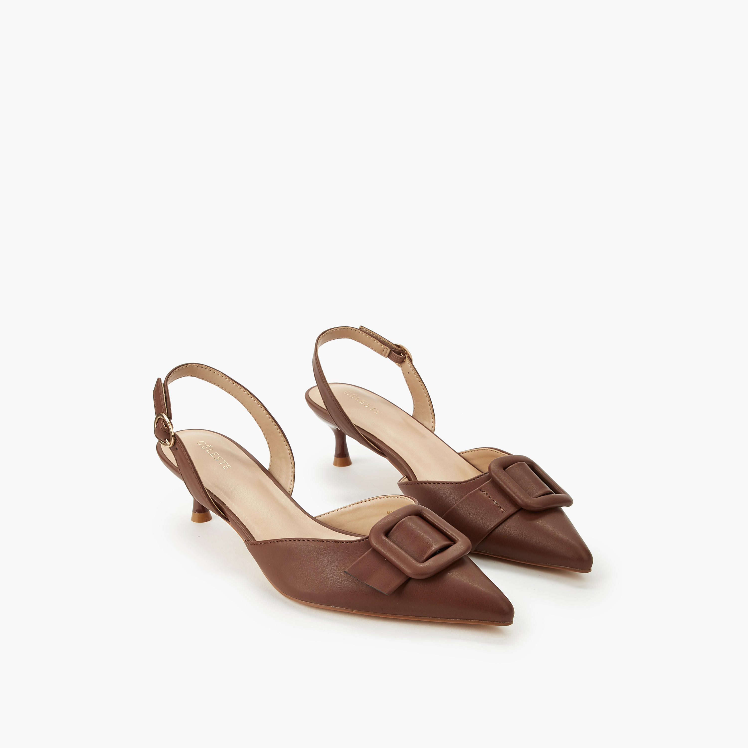 Celeste Women Buckle Detail Kitten Heel Pointed Toe Shoes-women-shoes-sandals-heeled-image-1