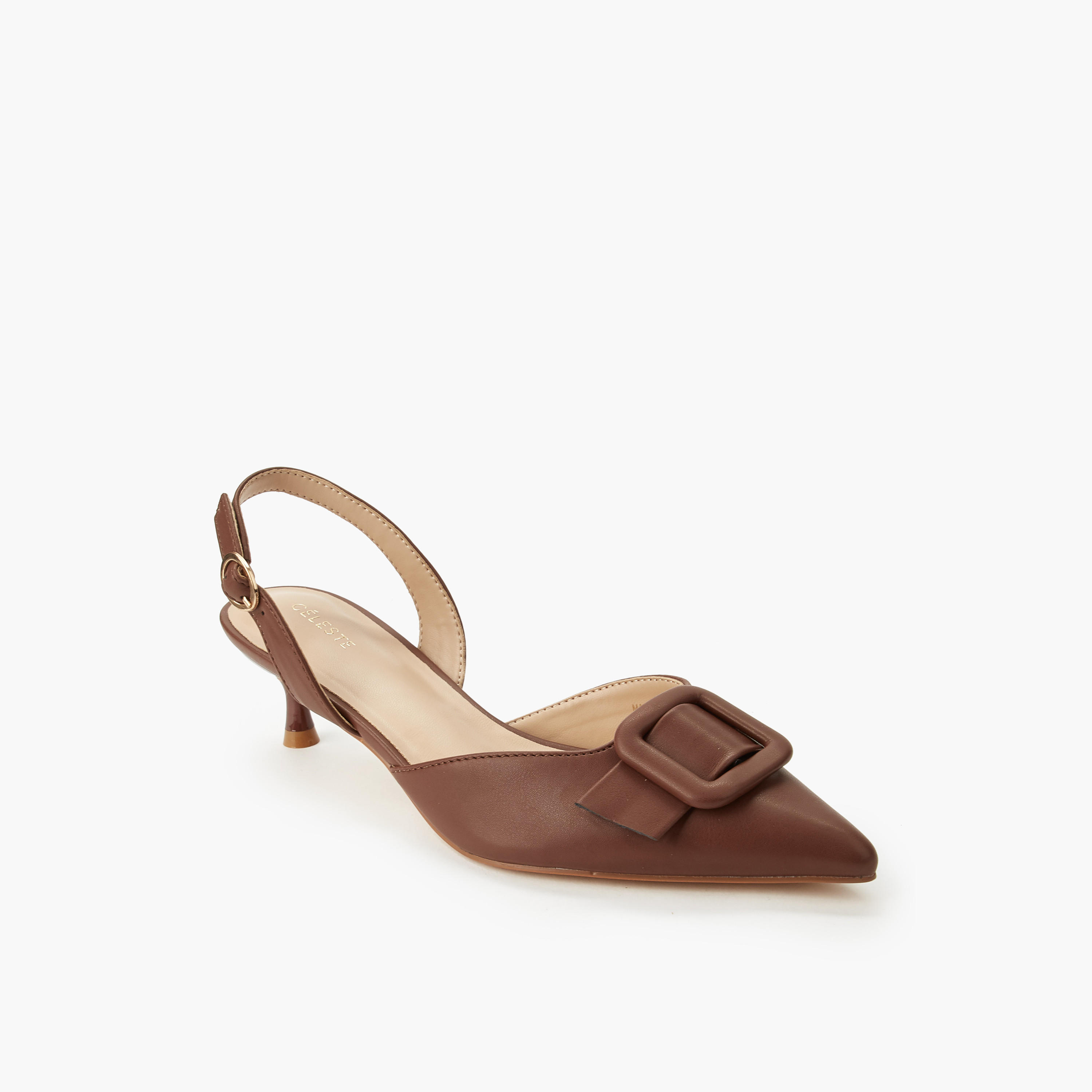 Celeste Women Buckle Detail Kitten Heel Pointed Toe Shoes-women-shoes-sandals-heeled-image-2