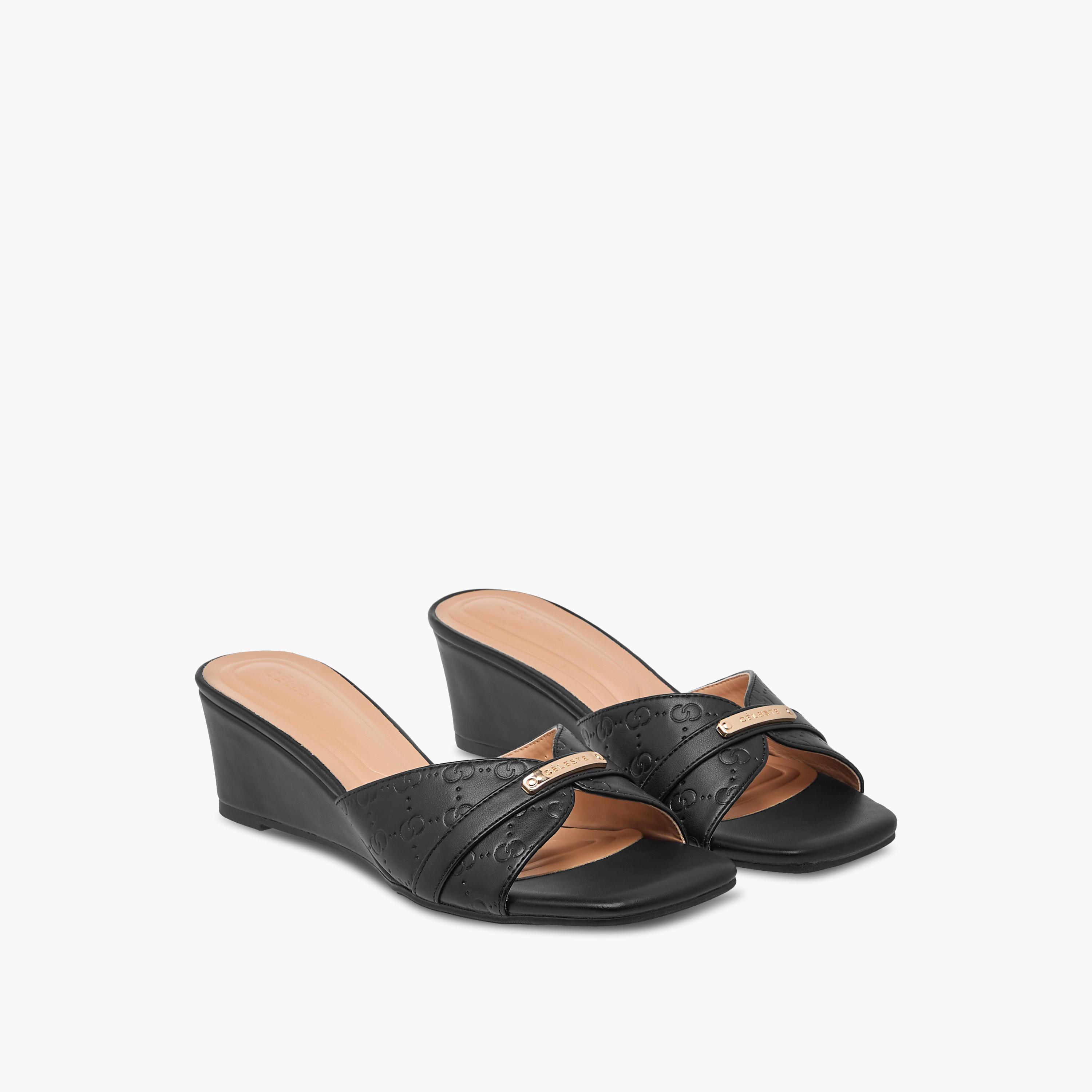 Celeste Women's Monogram Embossed Slip-On Sandals with Wedge Heels-women-shoes-sandals-heeled-image-1