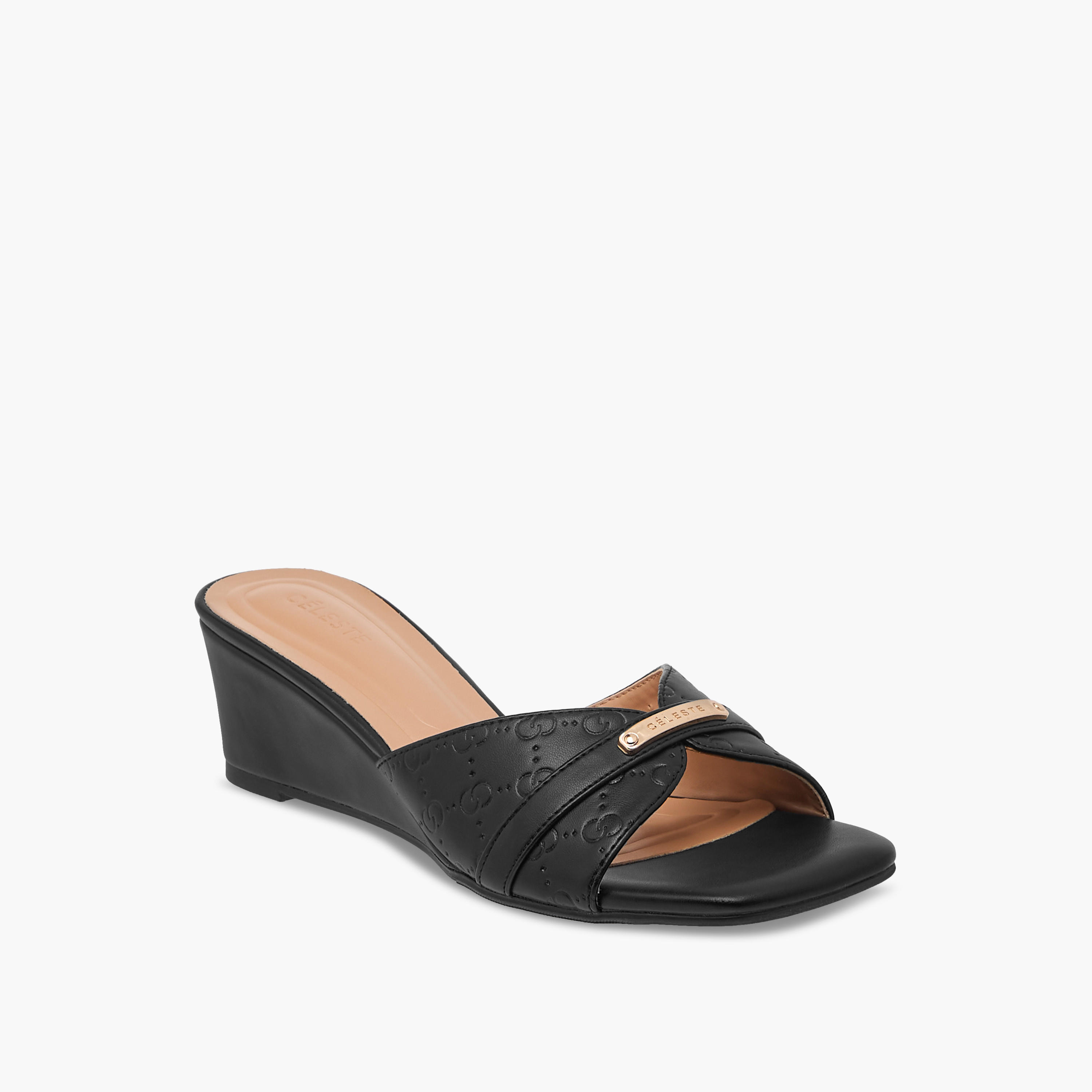 Celeste Women's Monogram Embossed Slip-On Sandals with Wedge Heels-women-shoes-sandals-heeled-image-2