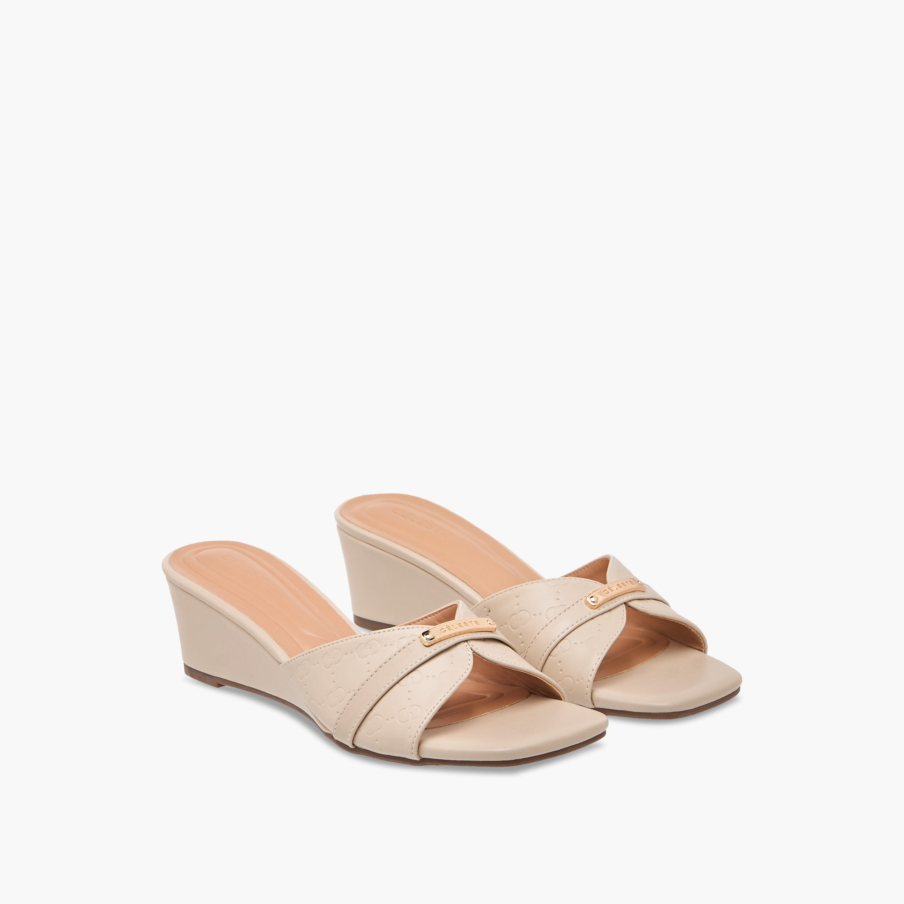 Celeste Women's Monogram Embossed Slip-On Sandals with Wedge Heels-women-shoes-sandals-heeled-image-1