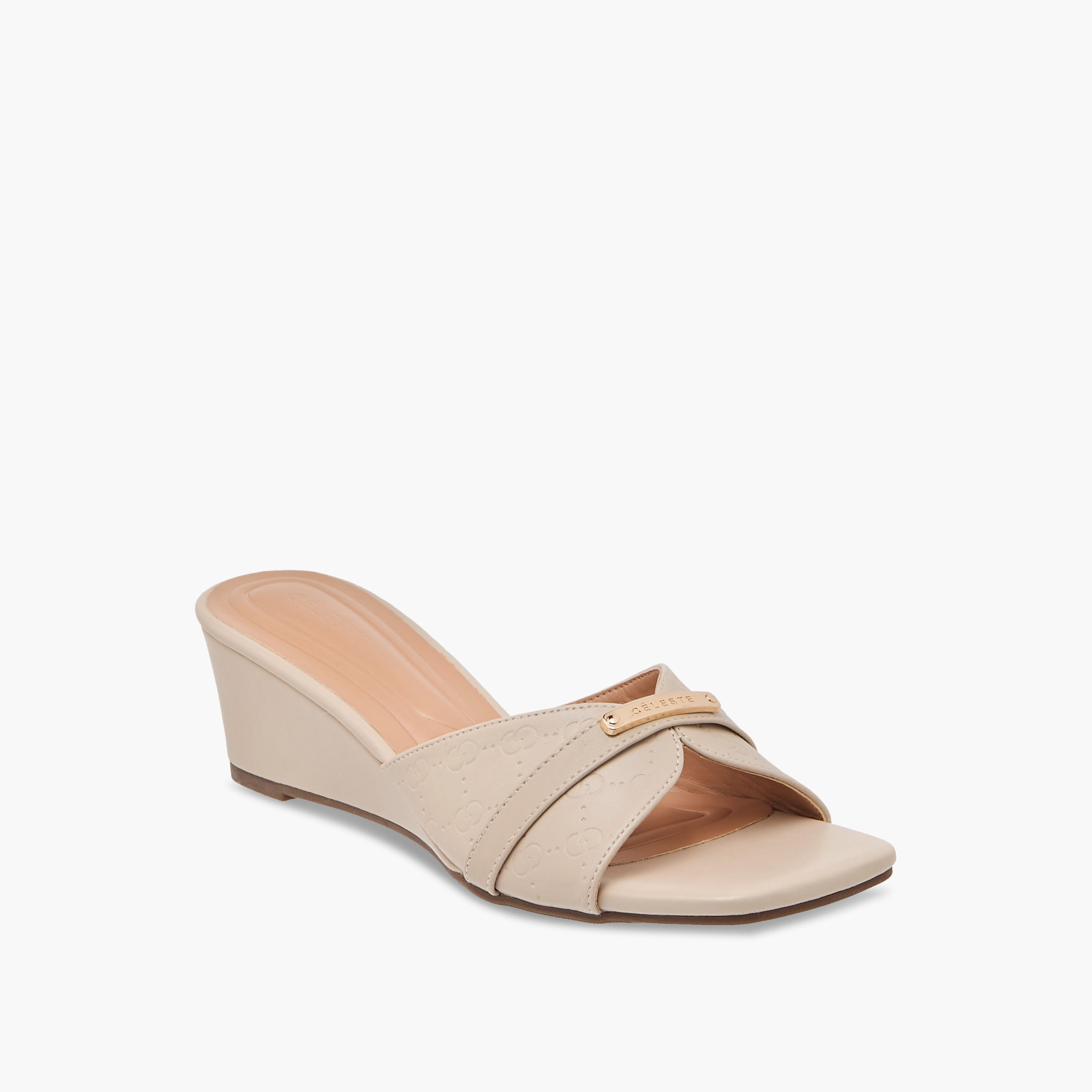 Celeste Women's Monogram Embossed Slip-On Sandals with Wedge Heels-women-shoes-sandals-heeled-image-2