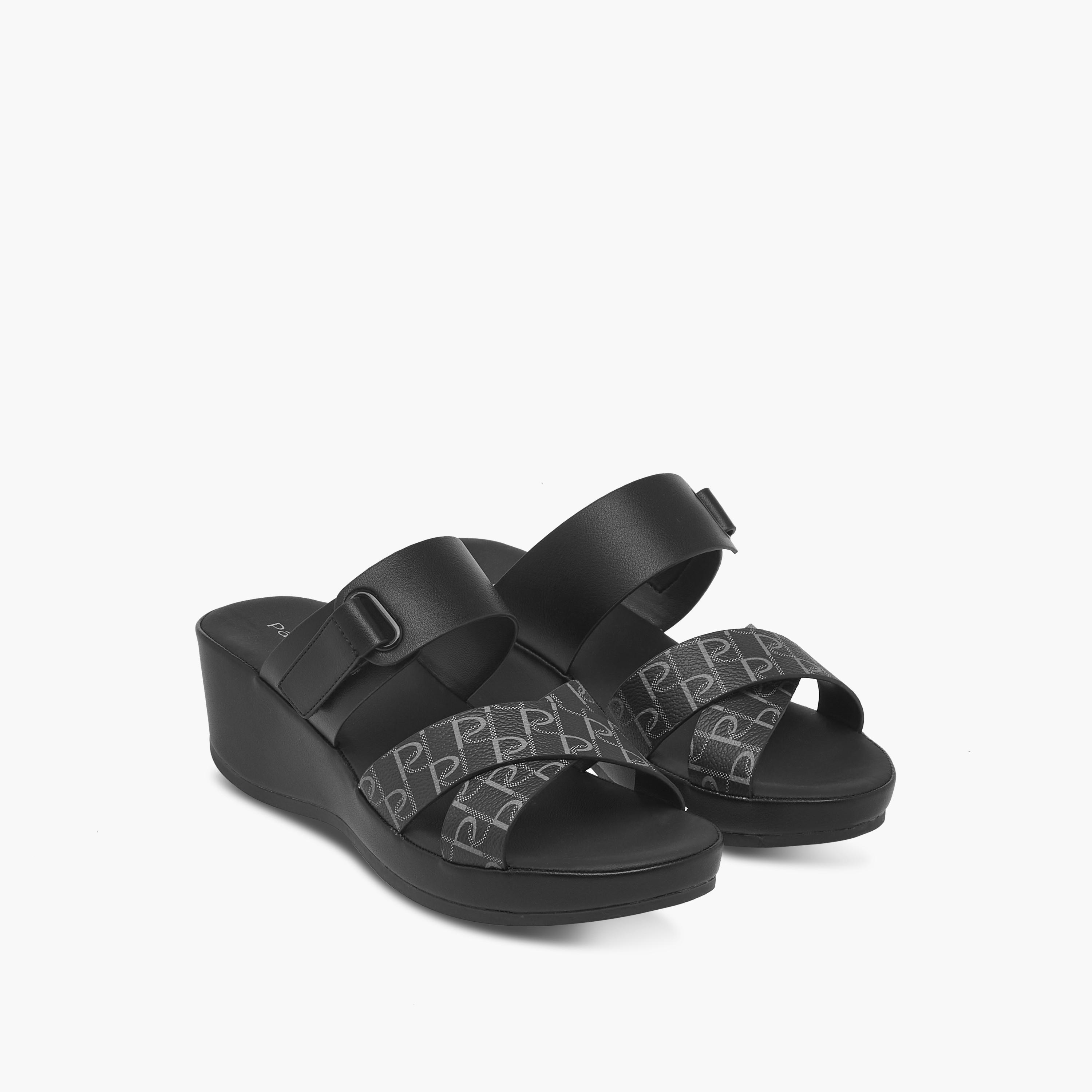 Paprika Monogram Print Slip-On Comfort Sandals with Wedge Heel-women-shoes-sandals-heeled-image-1