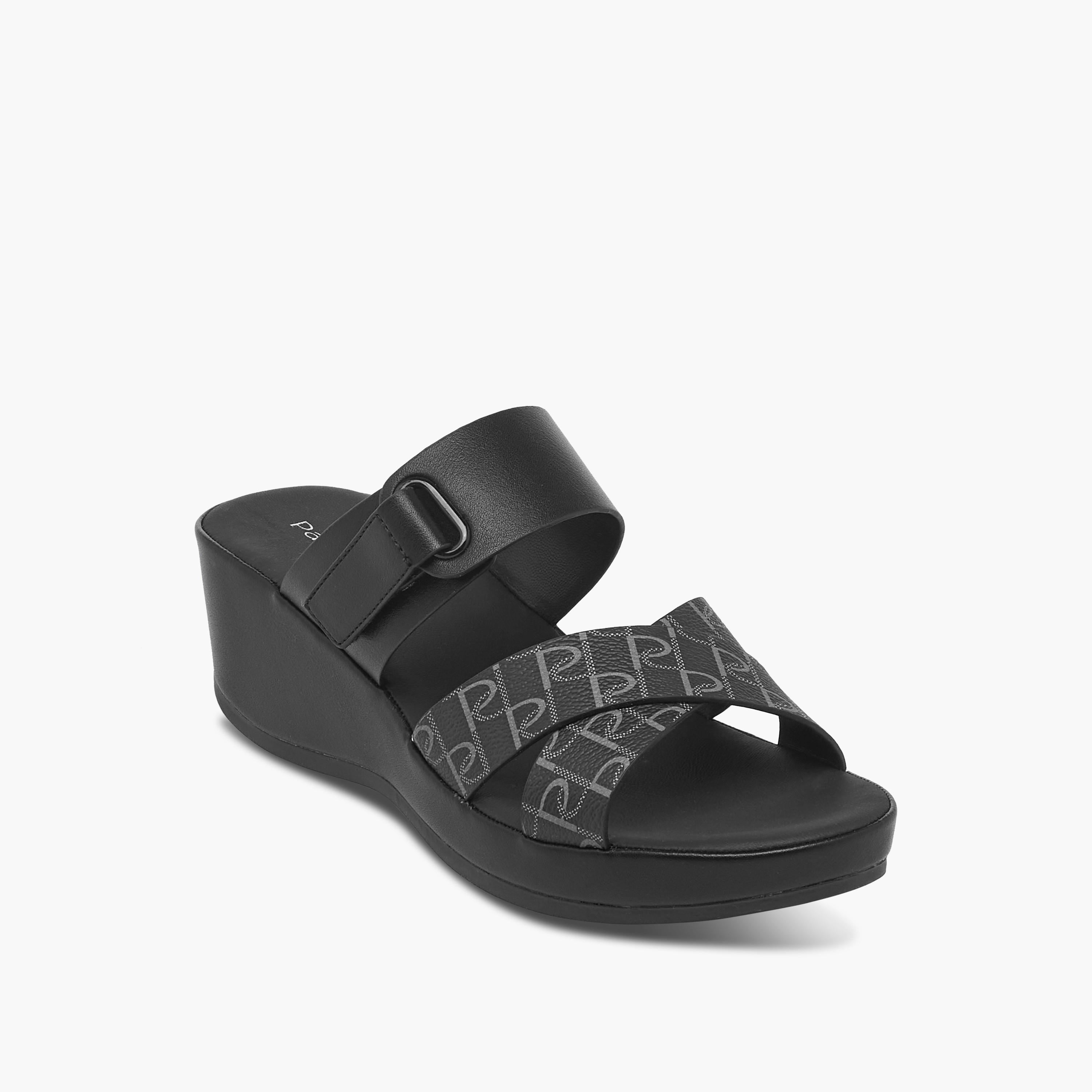 Paprika Monogram Print Slip-On Comfort Sandals with Wedge Heel-women-shoes-sandals-heeled-image-2
