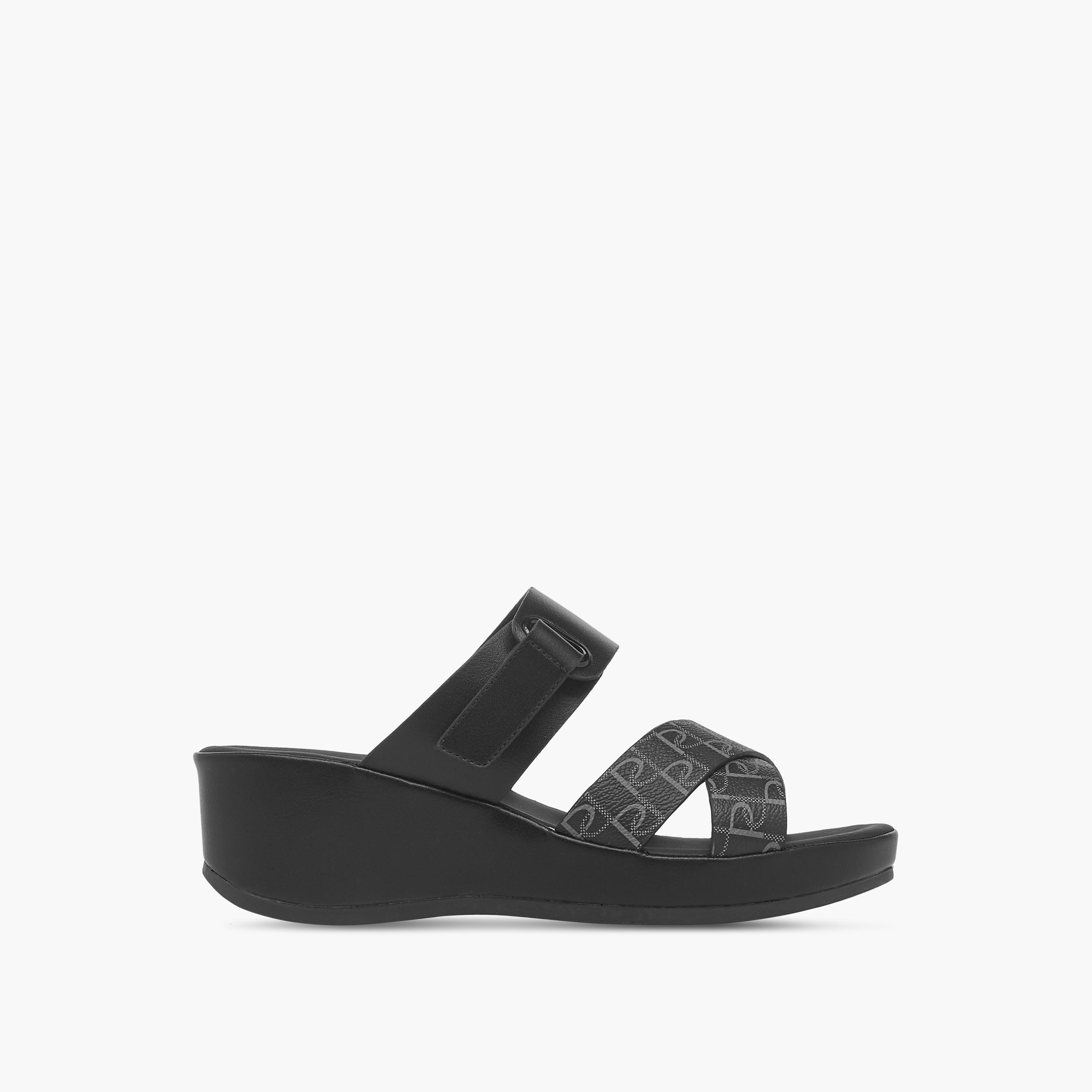 Paprika Monogram Print Slip-On Comfort Sandals with Wedge Heel-women-shoes-sandals-heeled-image-3