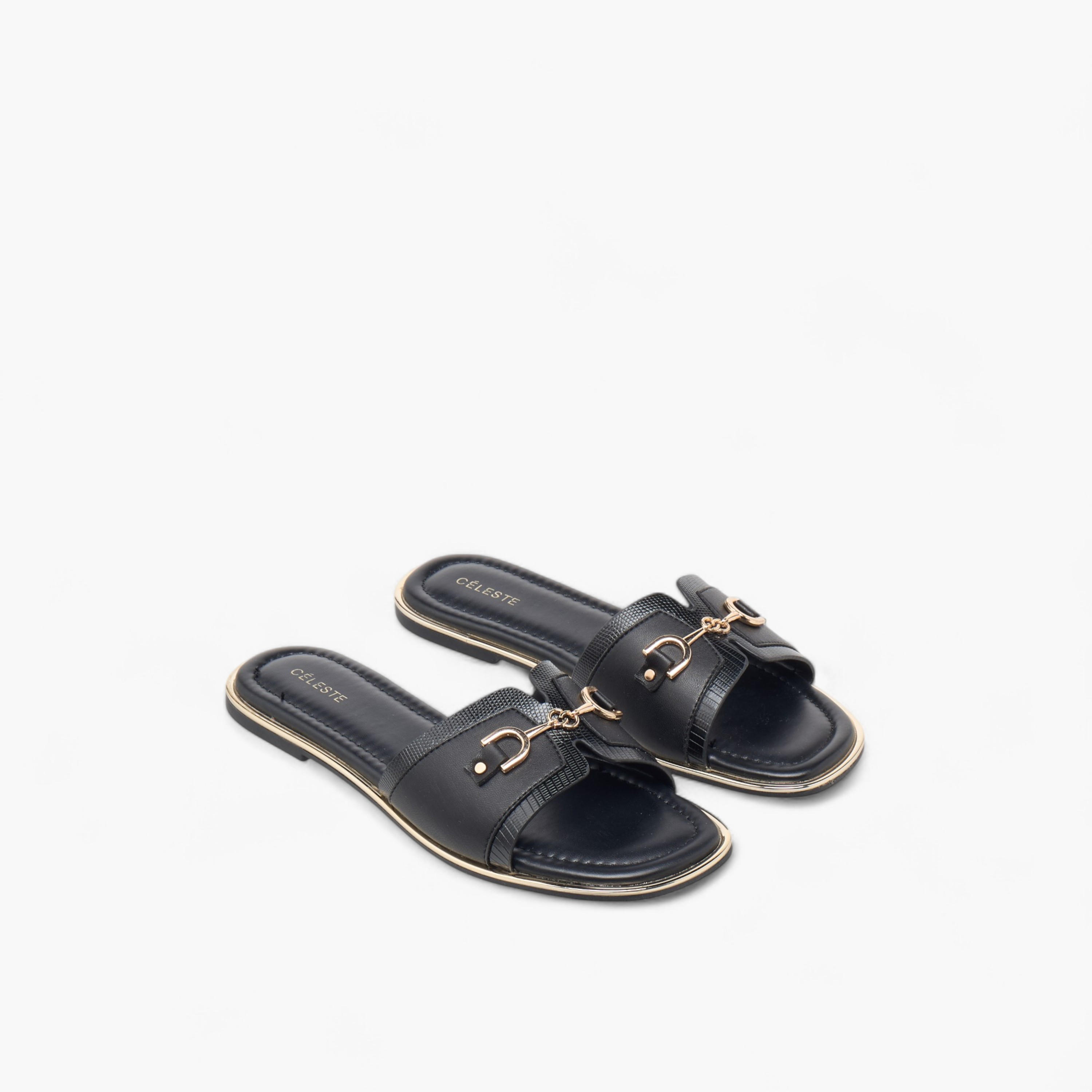 Celeste Women's Textured Slip-On Flat Sandals with Metal Accent-women-shoes-flats-sandals-image-1