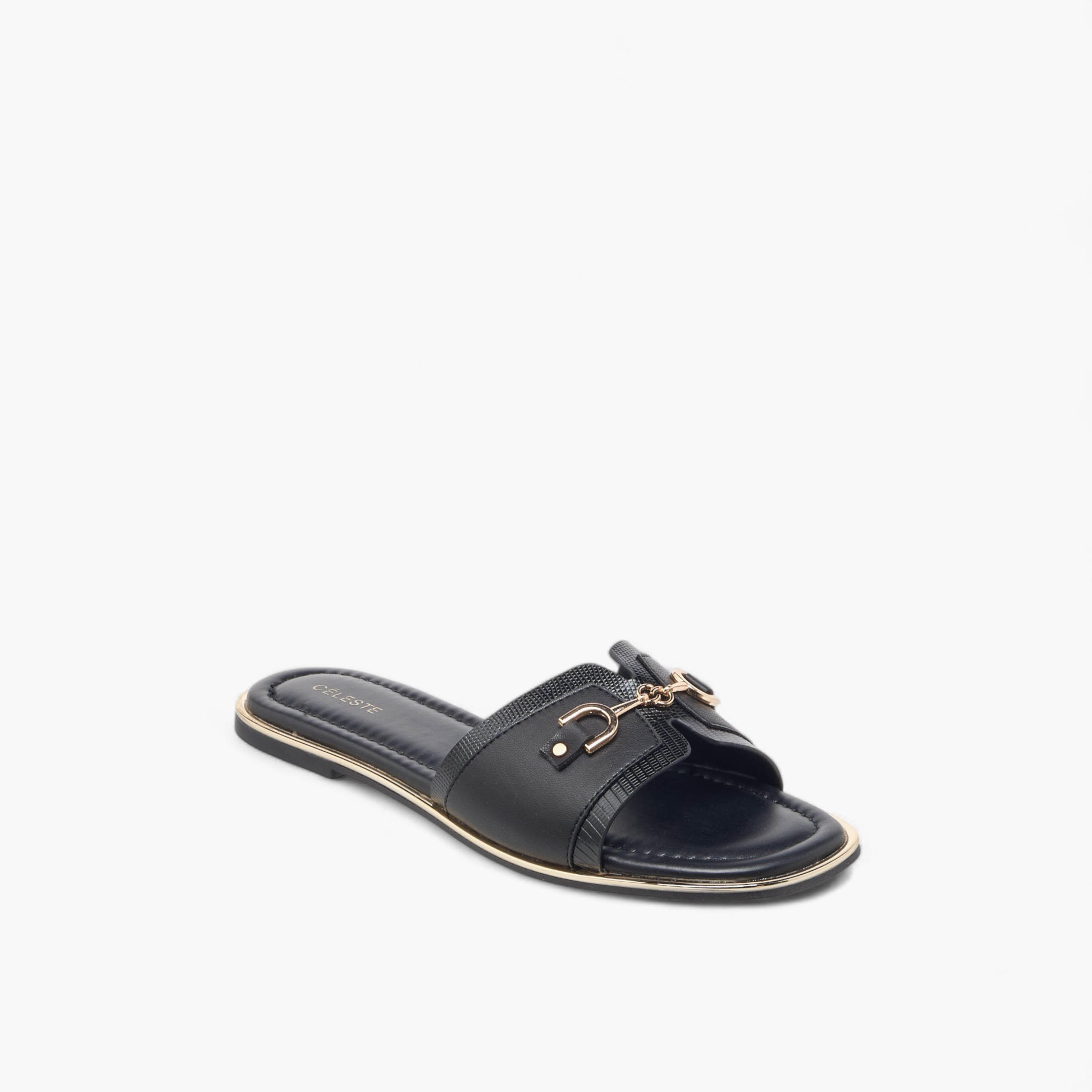 Celeste Women's Textured Slip-On Flat Sandals with Metal Accent-women-shoes-flats-sandals-image-2
