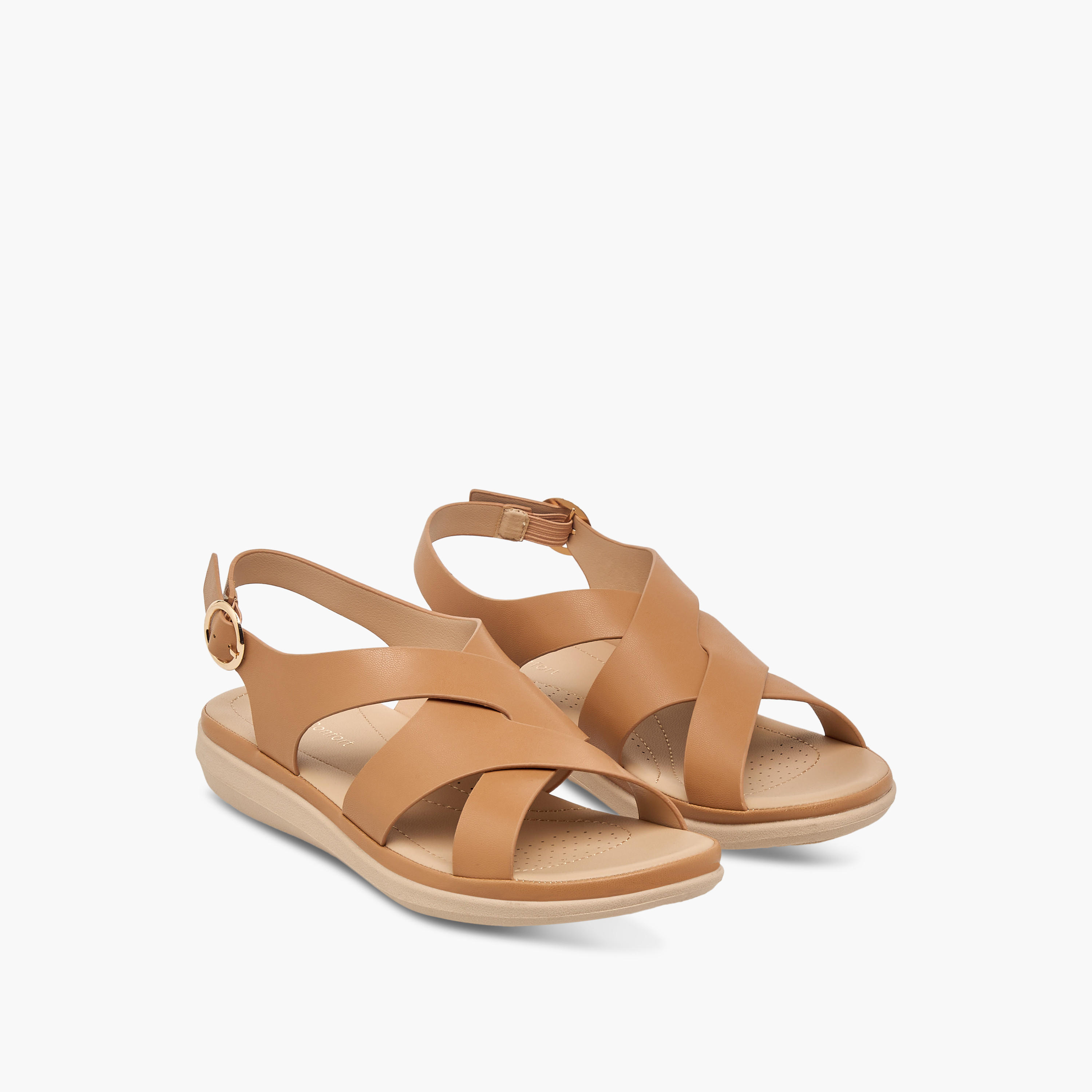 Le Confort Solid Cross Strap Comfort Sandals with Buckle Closure-women-shoes-flats-sandals-image-1